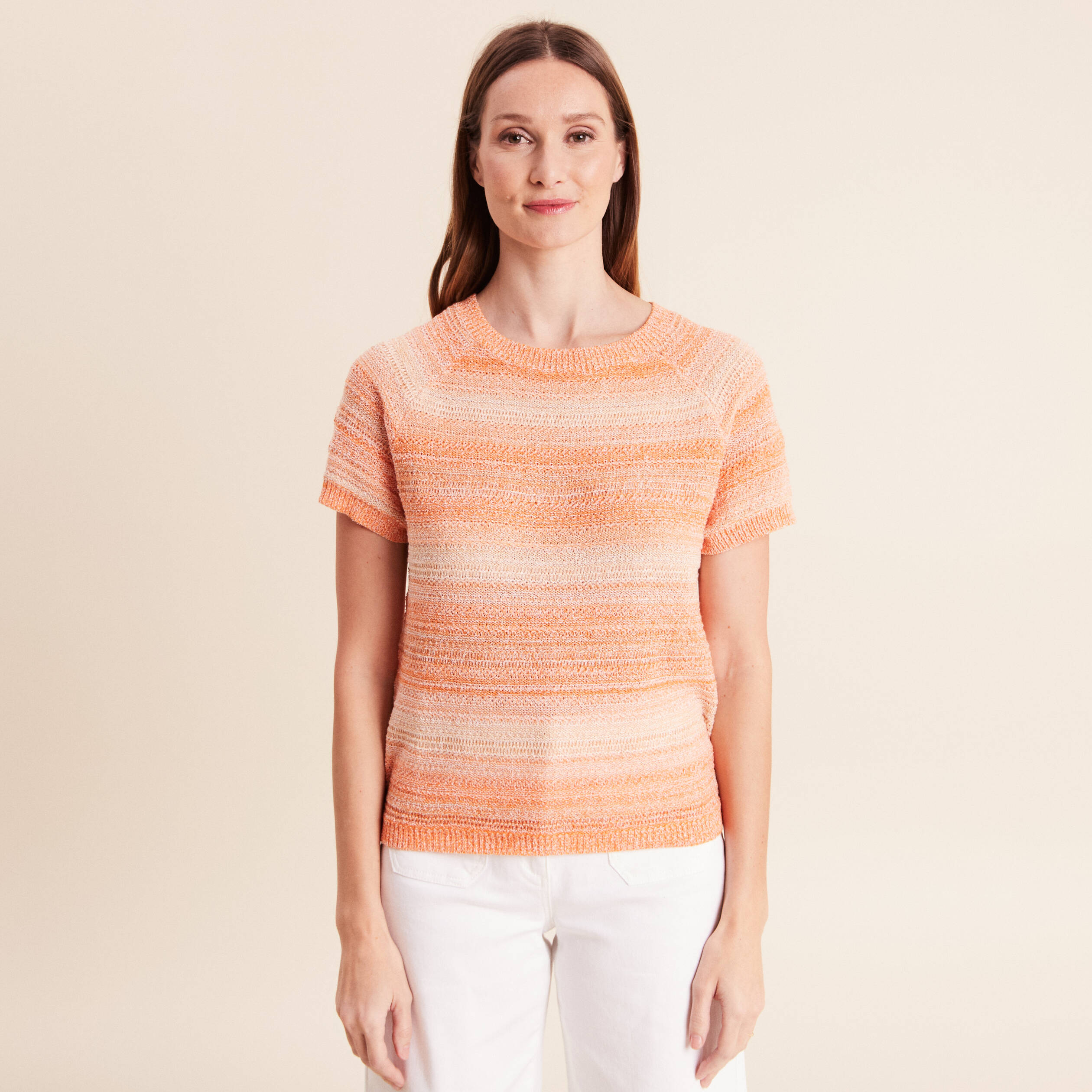 Pull col rond manches courtes orange fluo femme