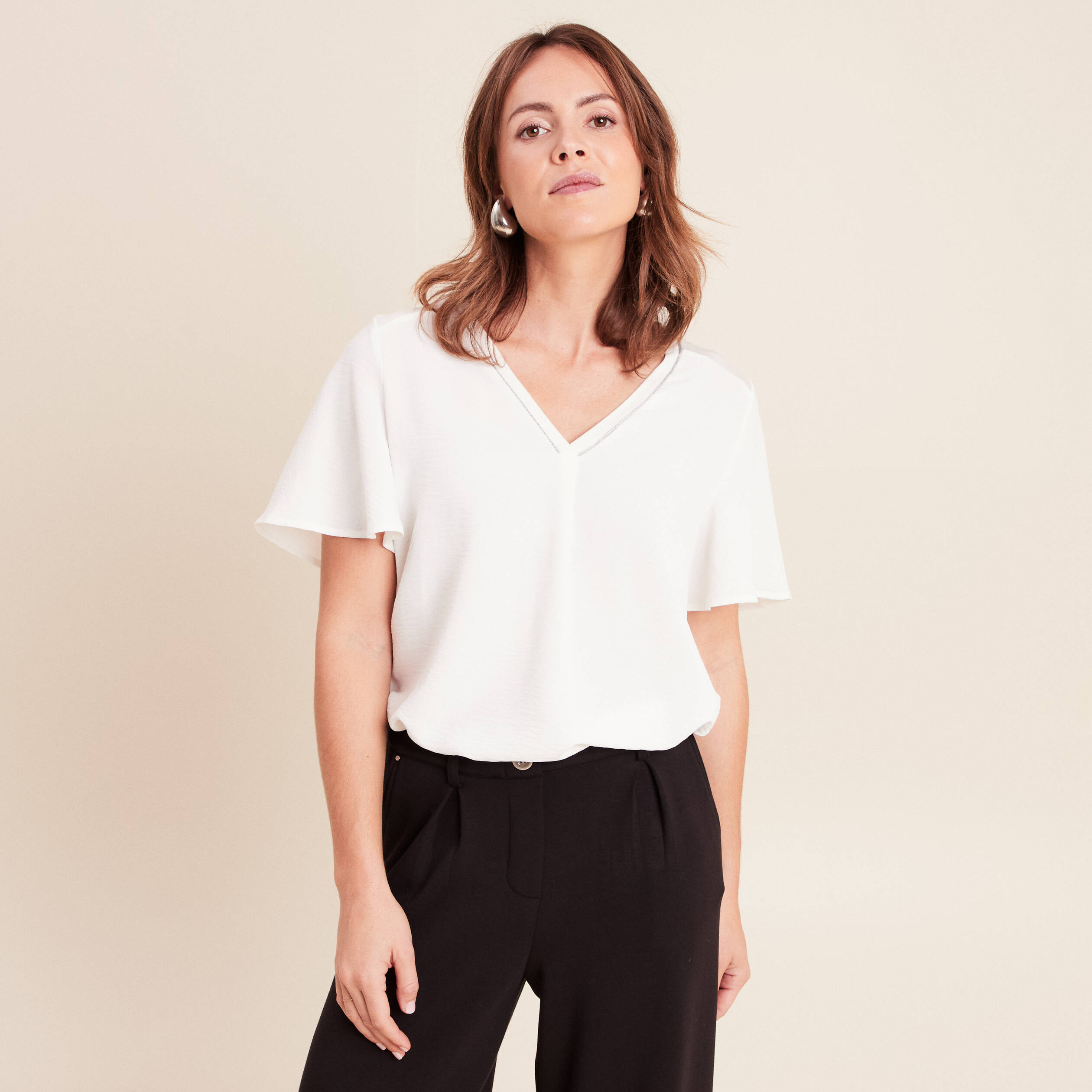 T-shirt bi-mati&egrave;re manches courtes ecru femme