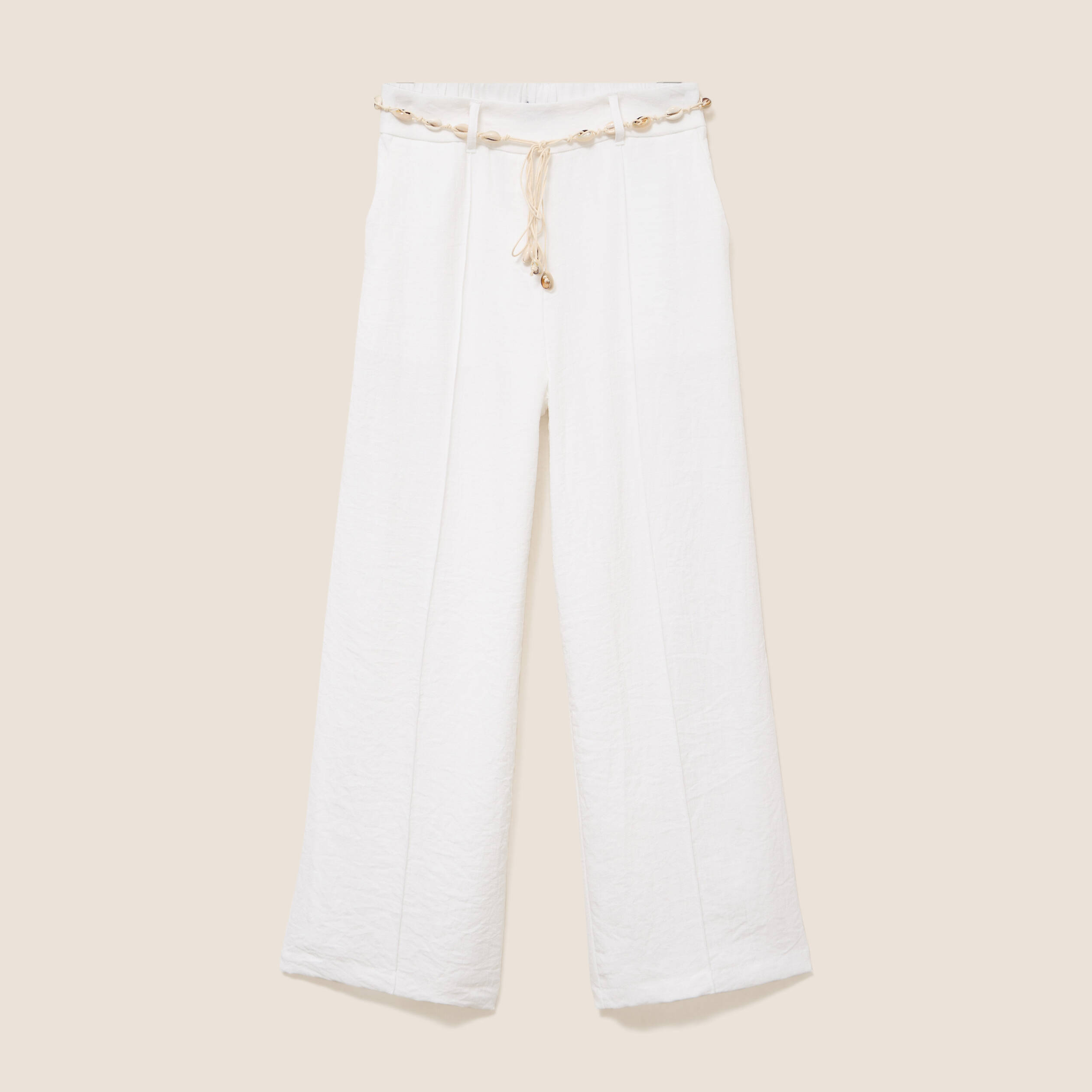 Pantalon large taille haute aspect lin blanc femme