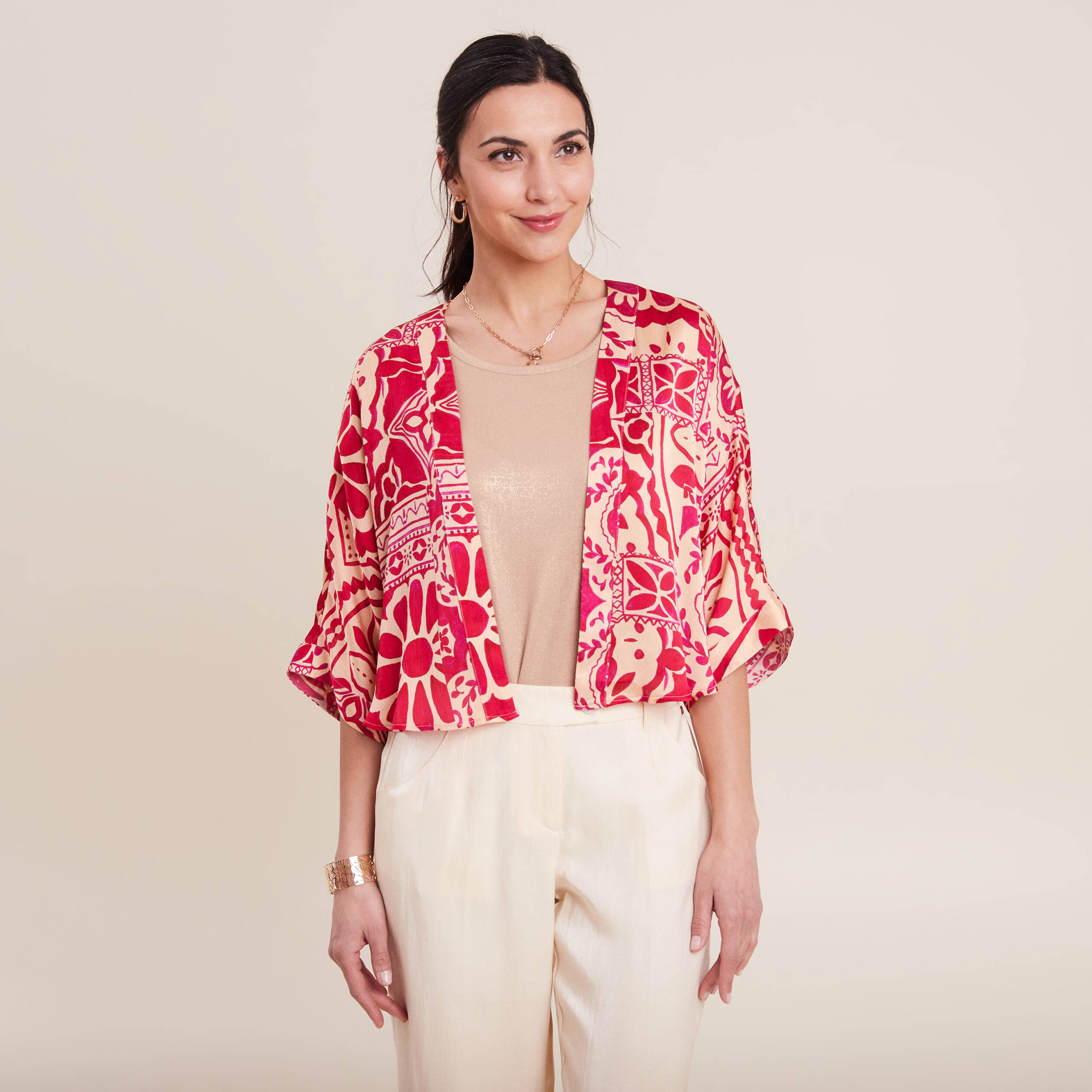 Kimono imprim&eacute; rose fushia femme