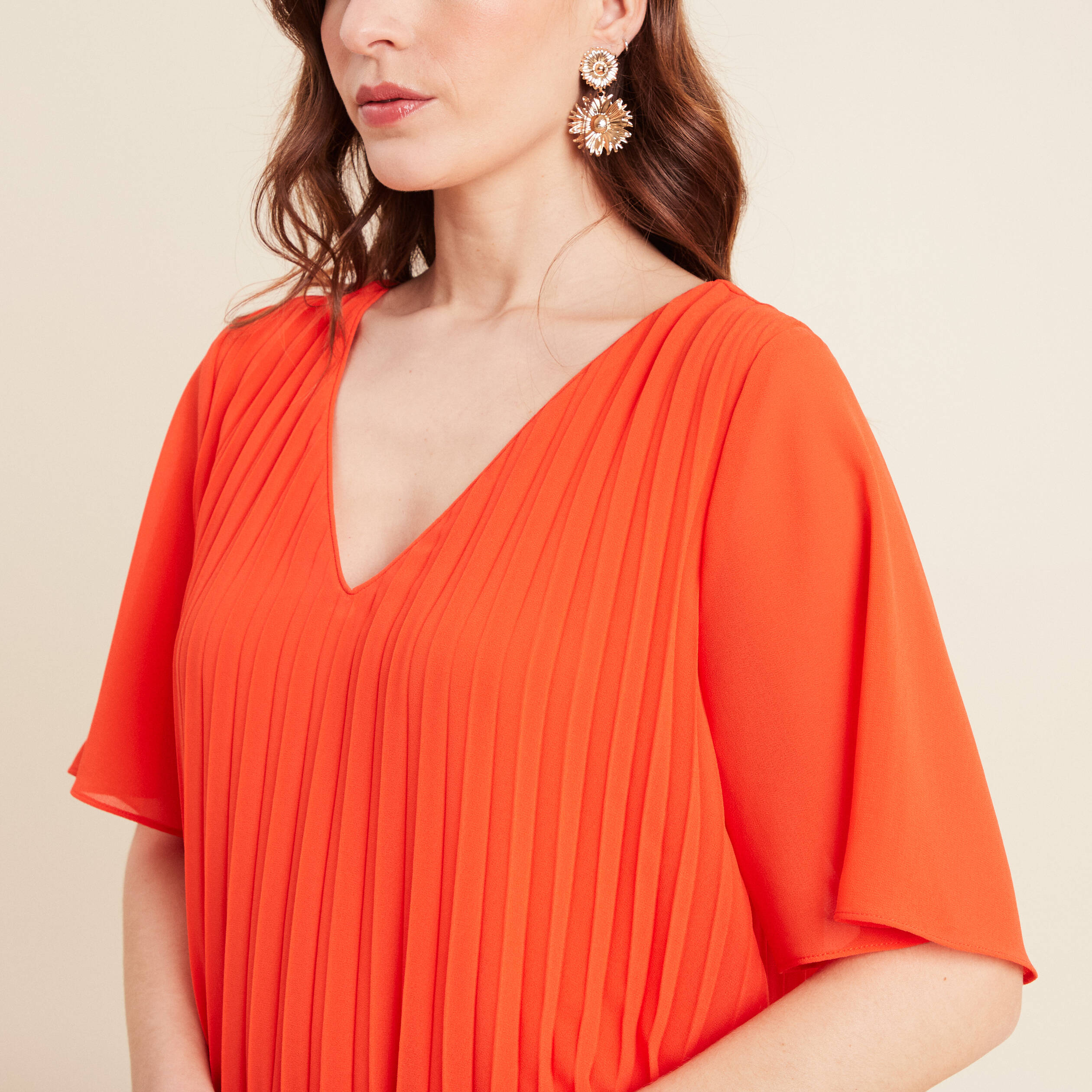 Robe droite plissée orange foncé femme