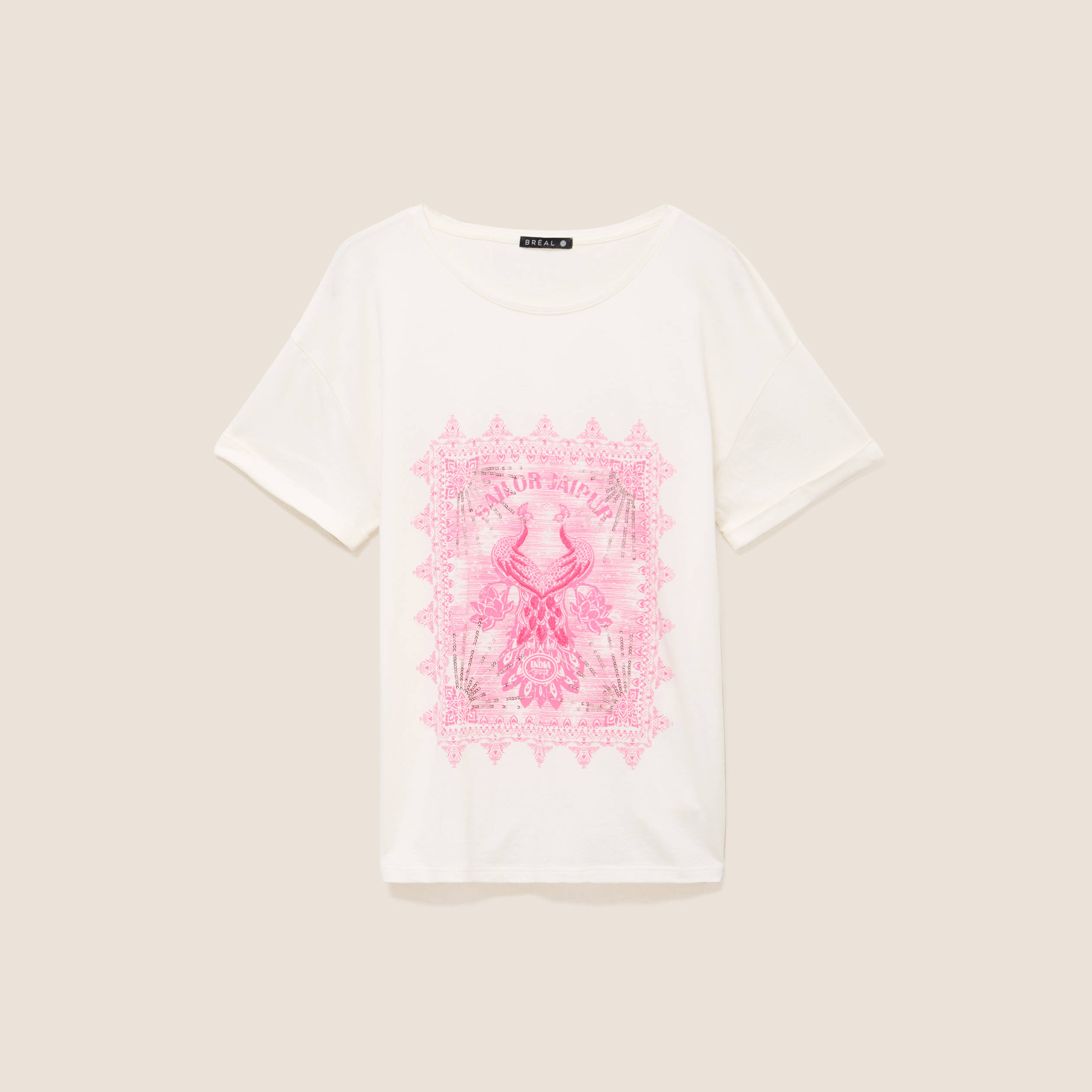 T-shirt col rond manches courtes brod&eacute; ecru femme