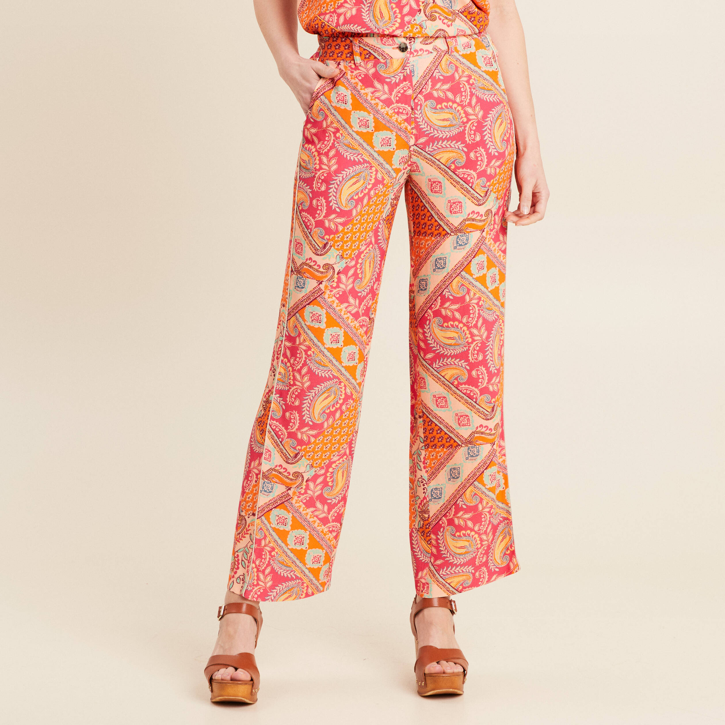 Pantalon large taille haute orange femme