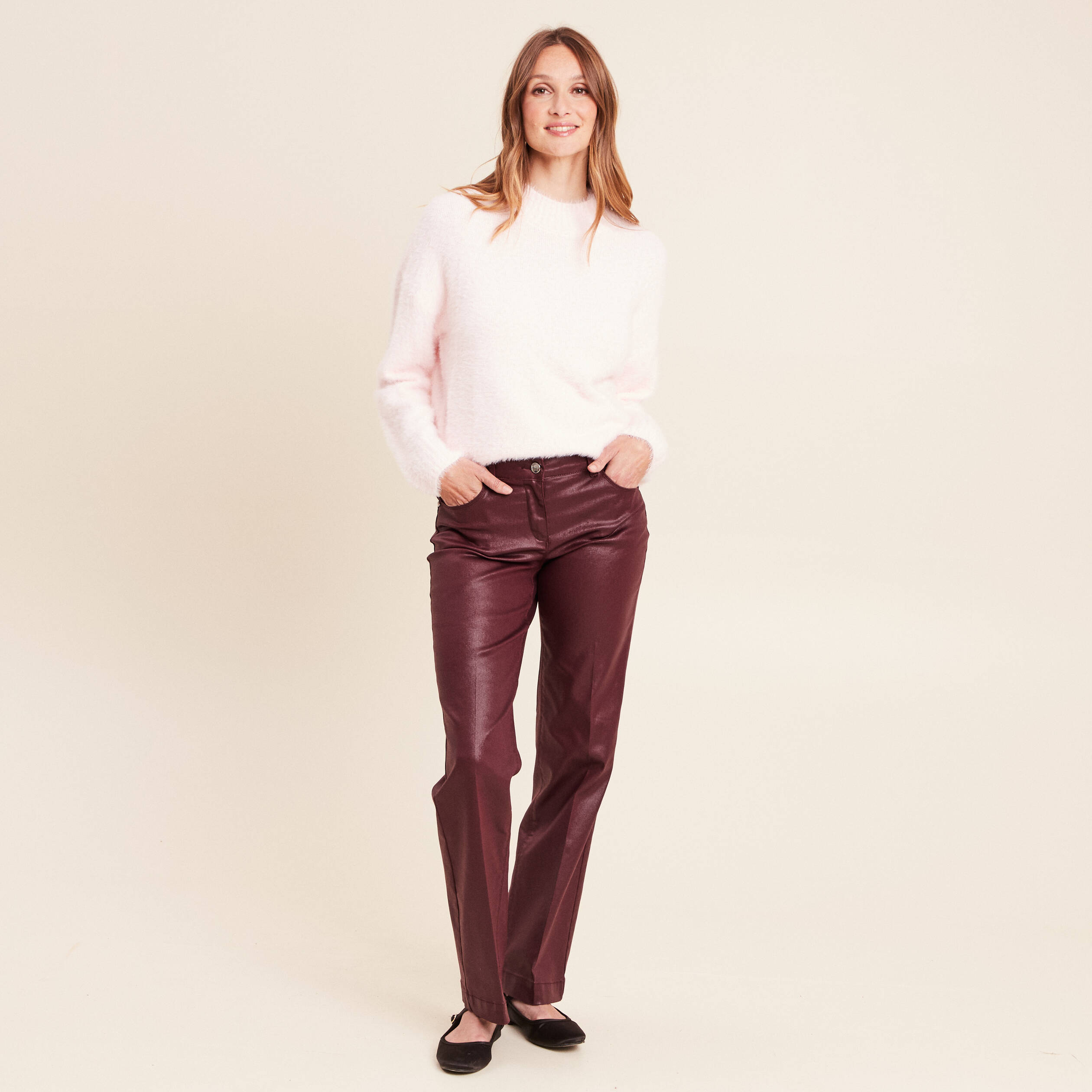 Pull col montant doux rose clair femme