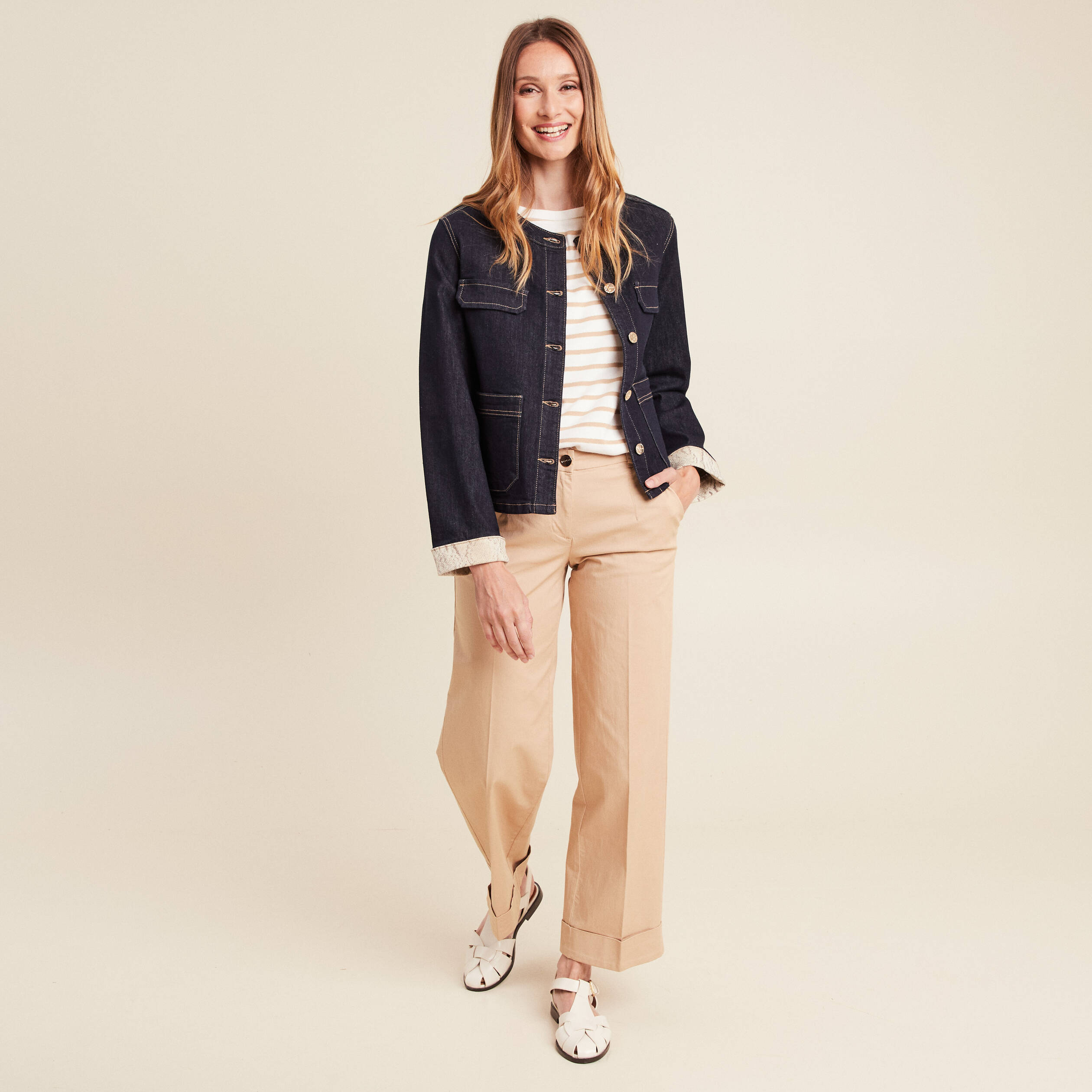 Pantalon large taille basculée beige femme