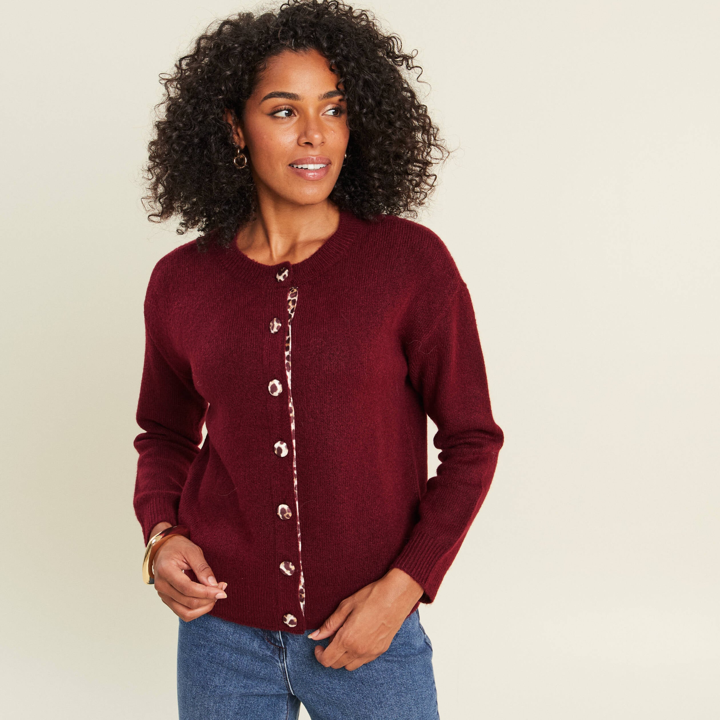 Gilet droit mi-long col rond bordeaux femme