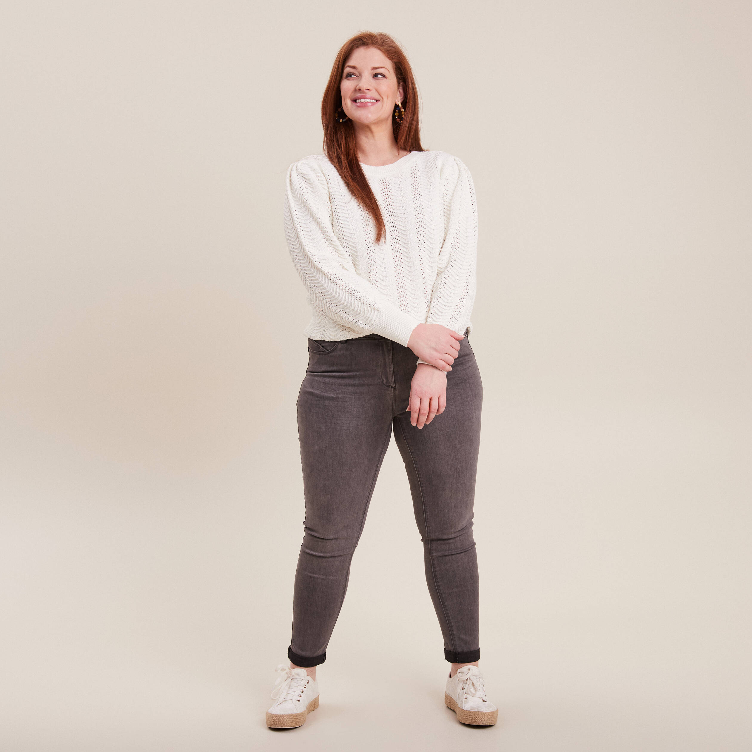 Pull manches longues col rond ecru femme