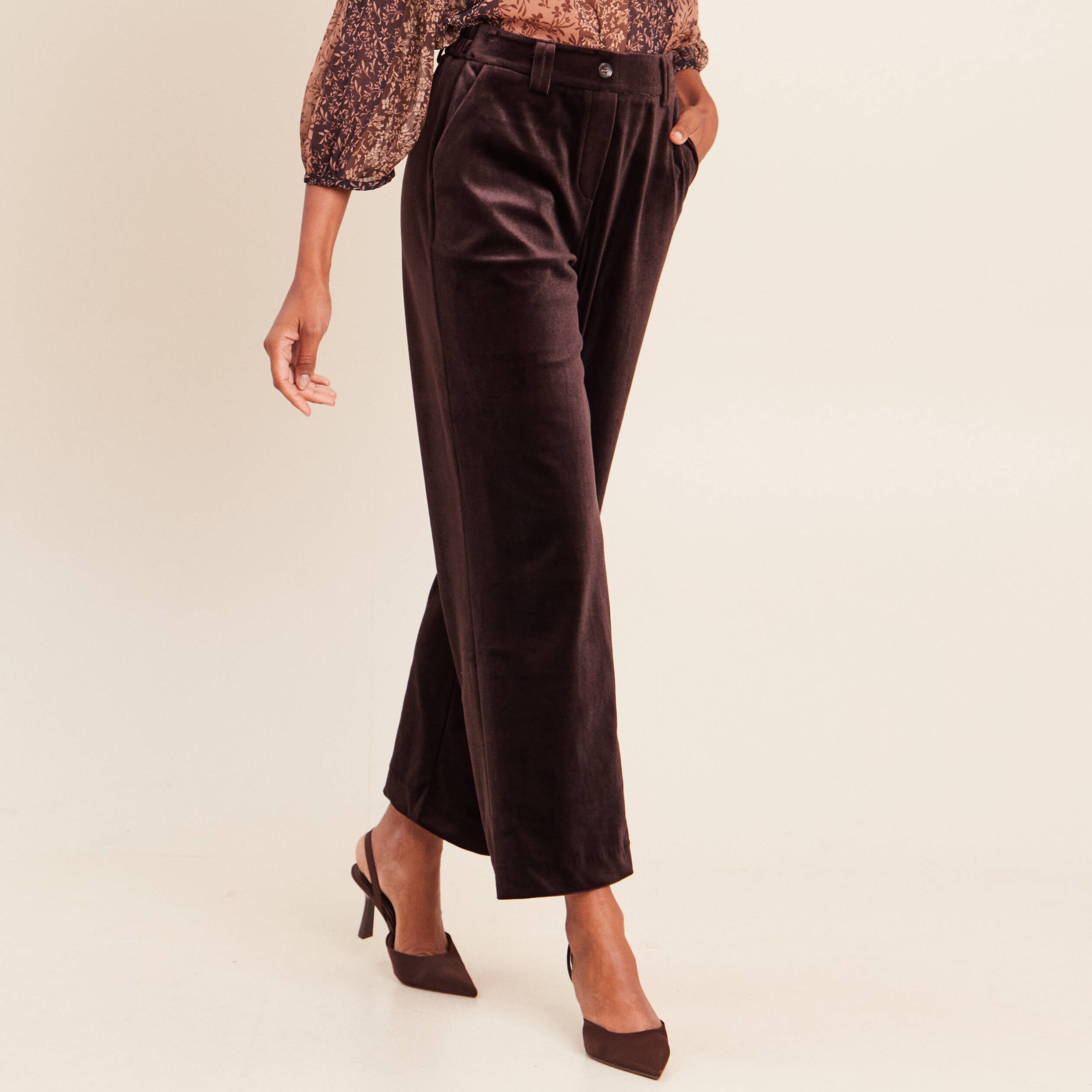 Pantalon large taille haute marron fonc&eacute; femme