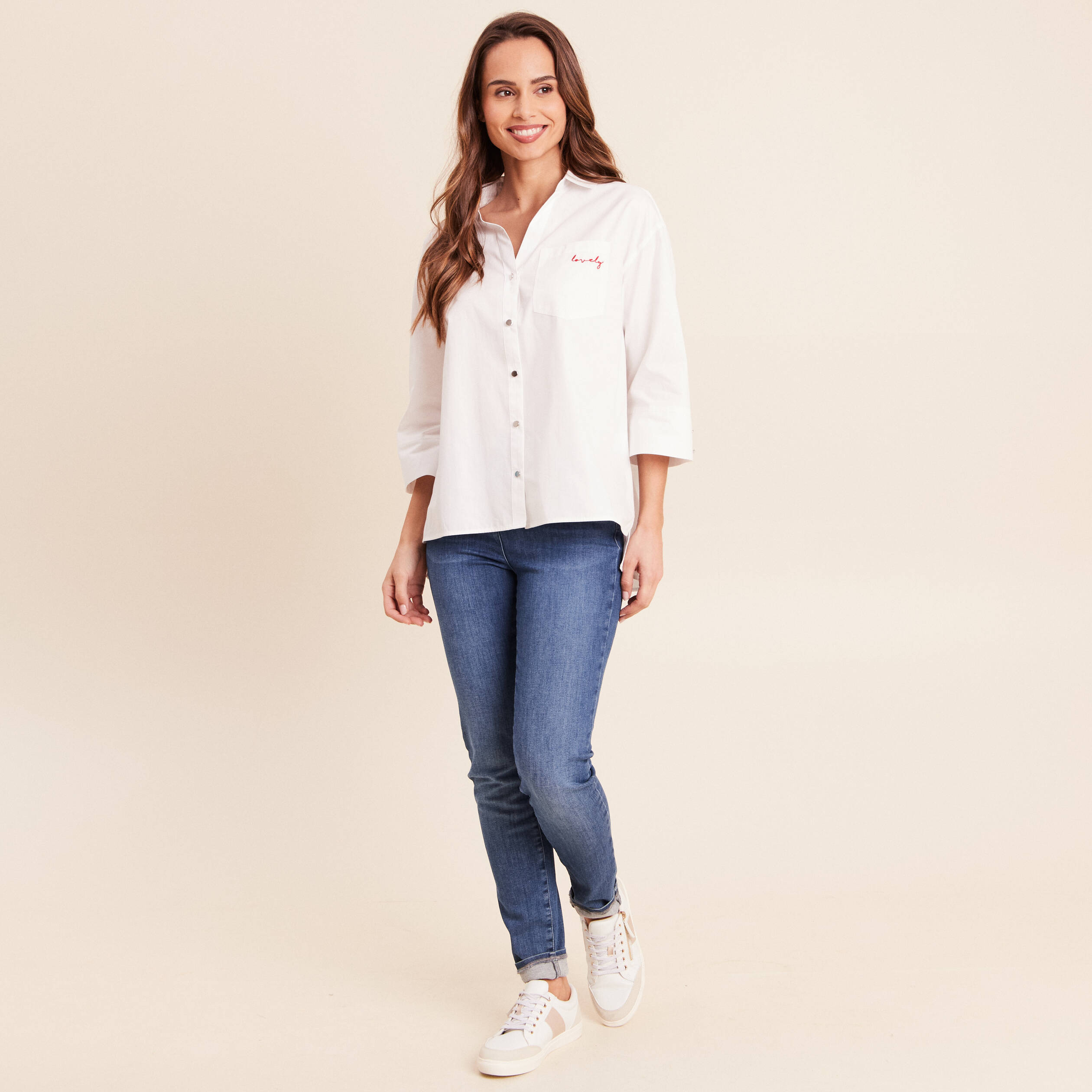 Chemise ample en coton manches 3/4 ecru femme