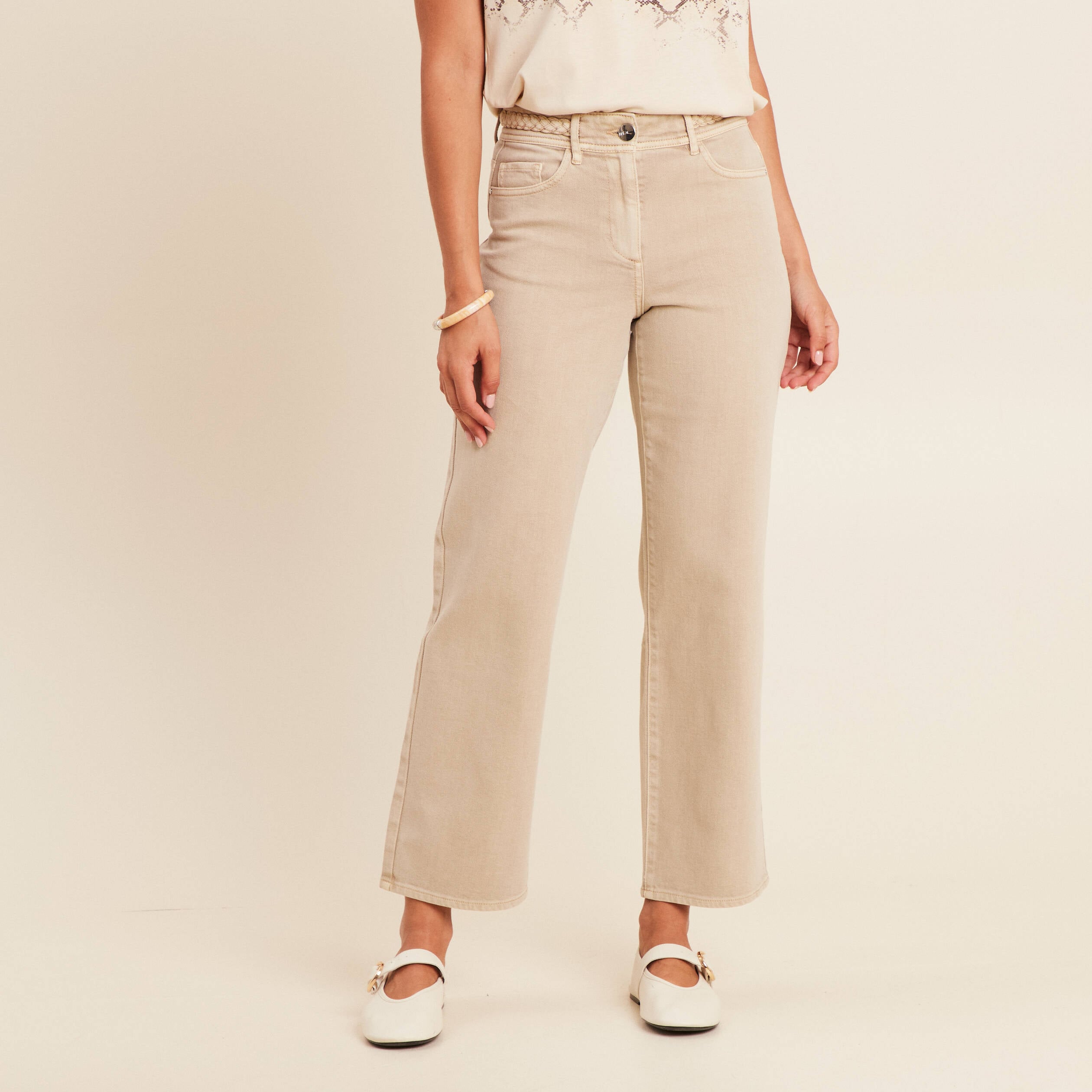 Jean coupe large 7/8&egrave;me taille haute denim beige femme