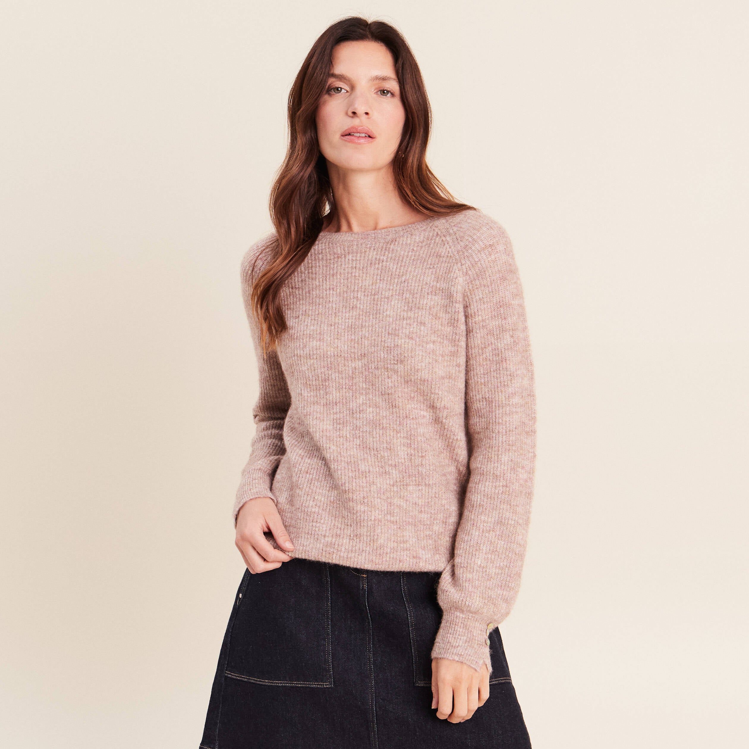 Pull col rond beige femme