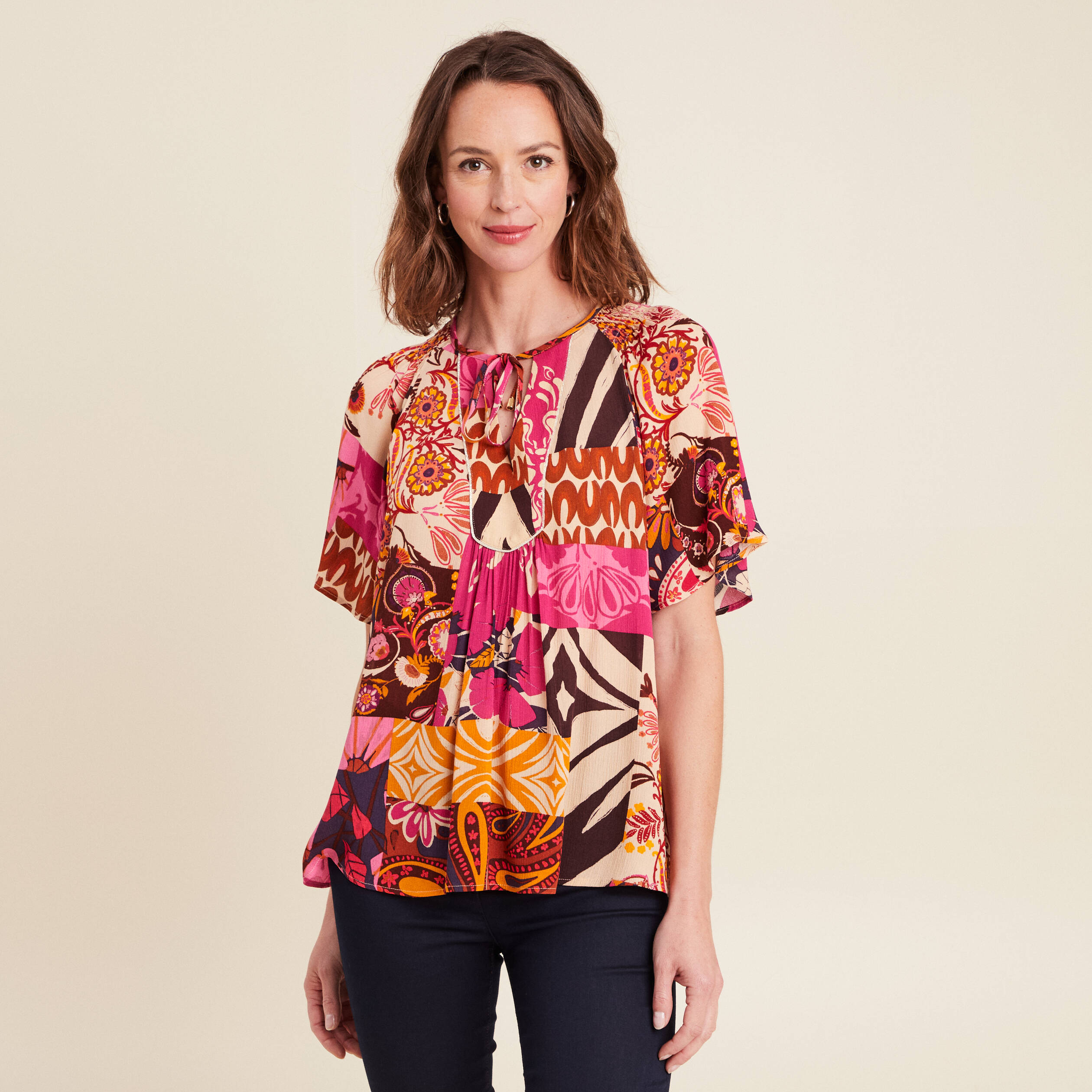 blouse ample crepe col tunisien rose femme blouse ample crêpe col tunisien rose femme