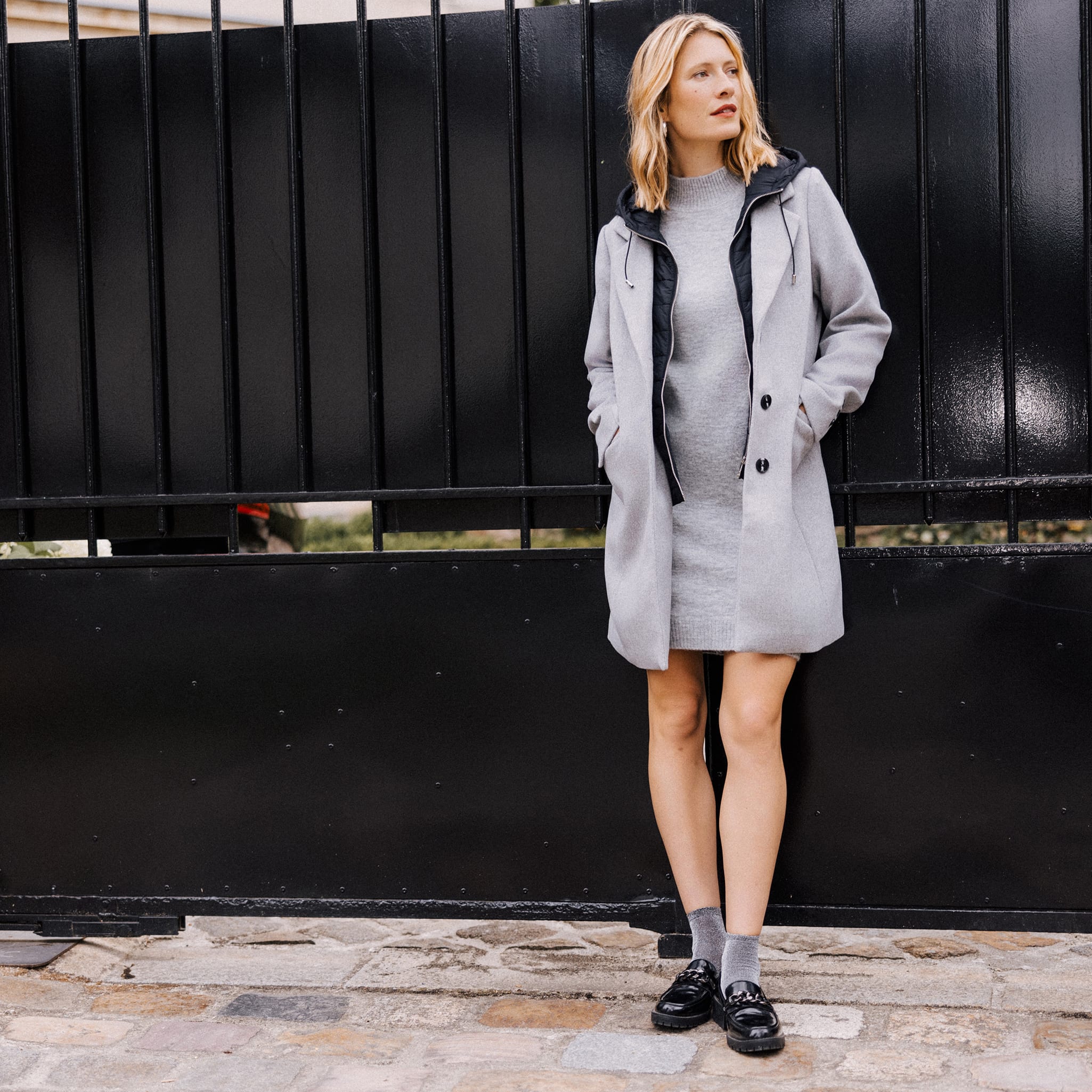 Manteau 2 en 1 droit &agrave; capuche gris clair femme