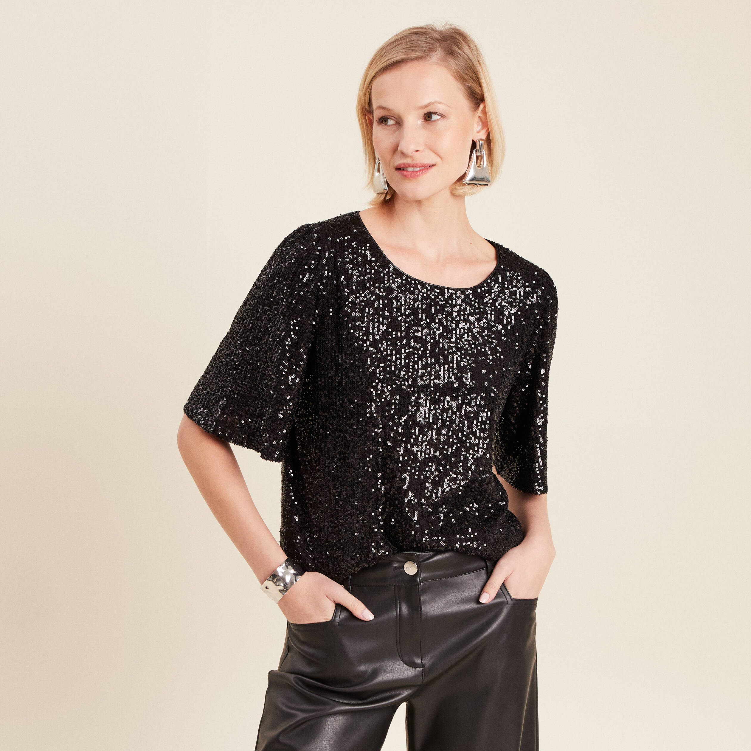 t shirt manches 34 sequins noir femme T-shirt manches 3/4 sequins noir femme
