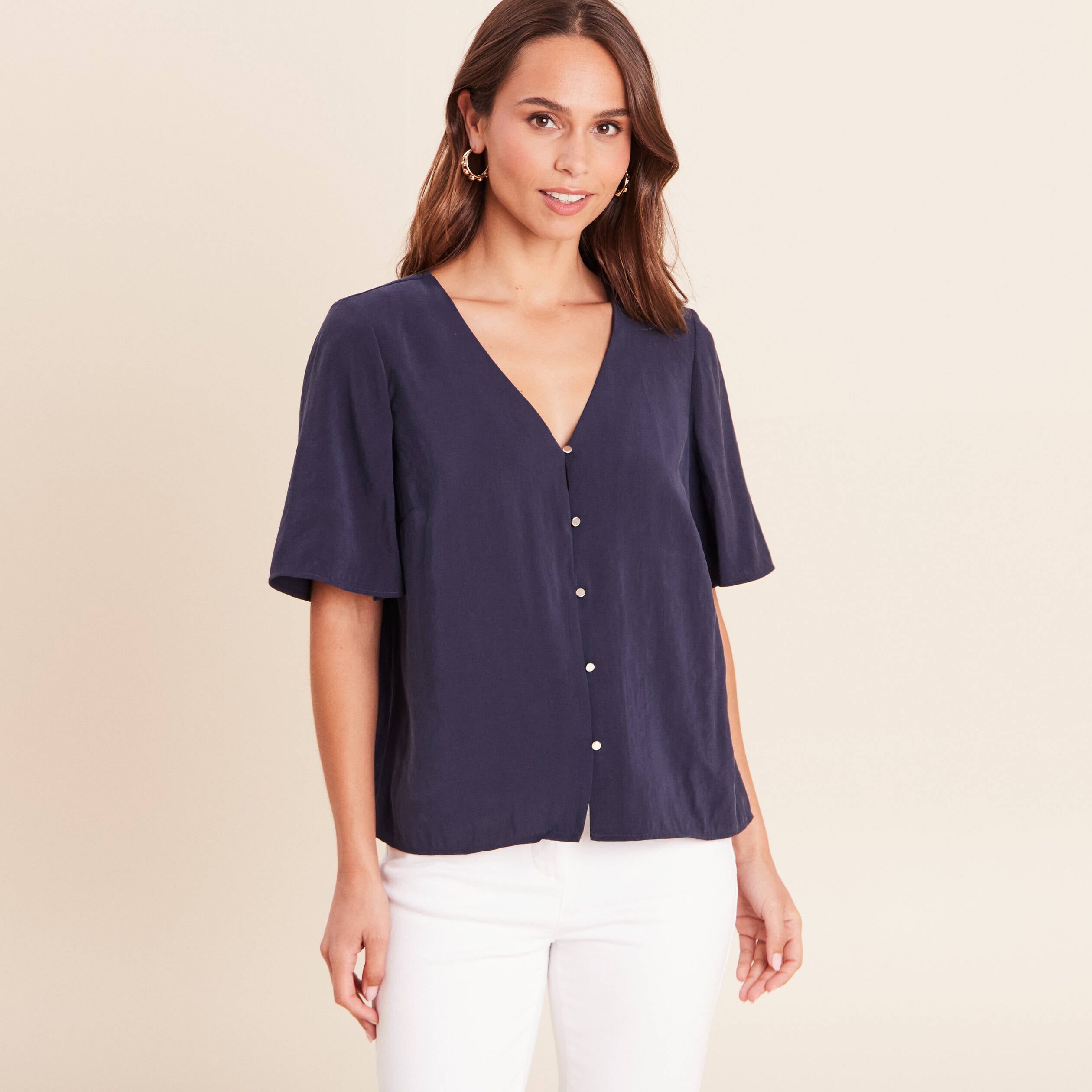Blouse ample col v manches courtes bleu marine femme