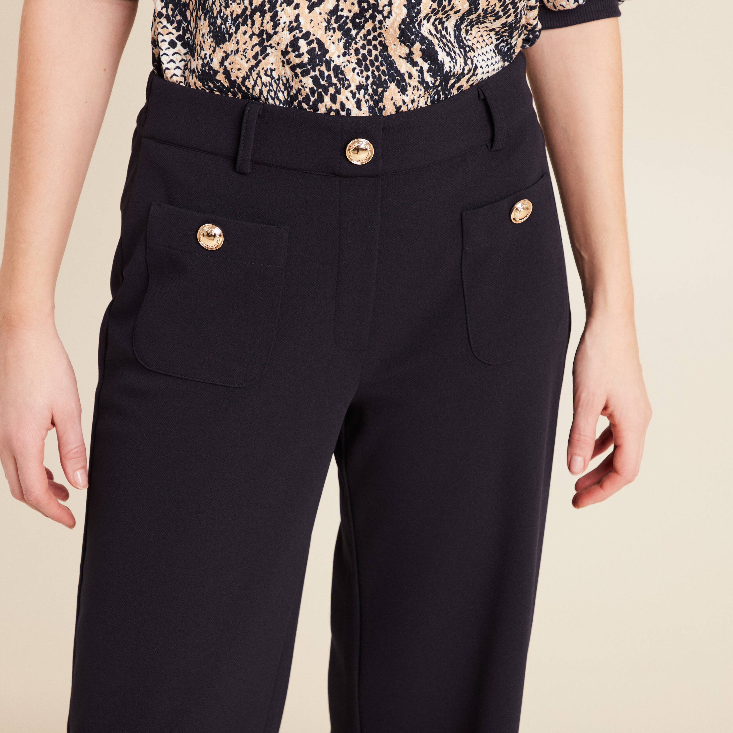 Pantalon coupe droite taille haute bleu fonc&eacute; femme