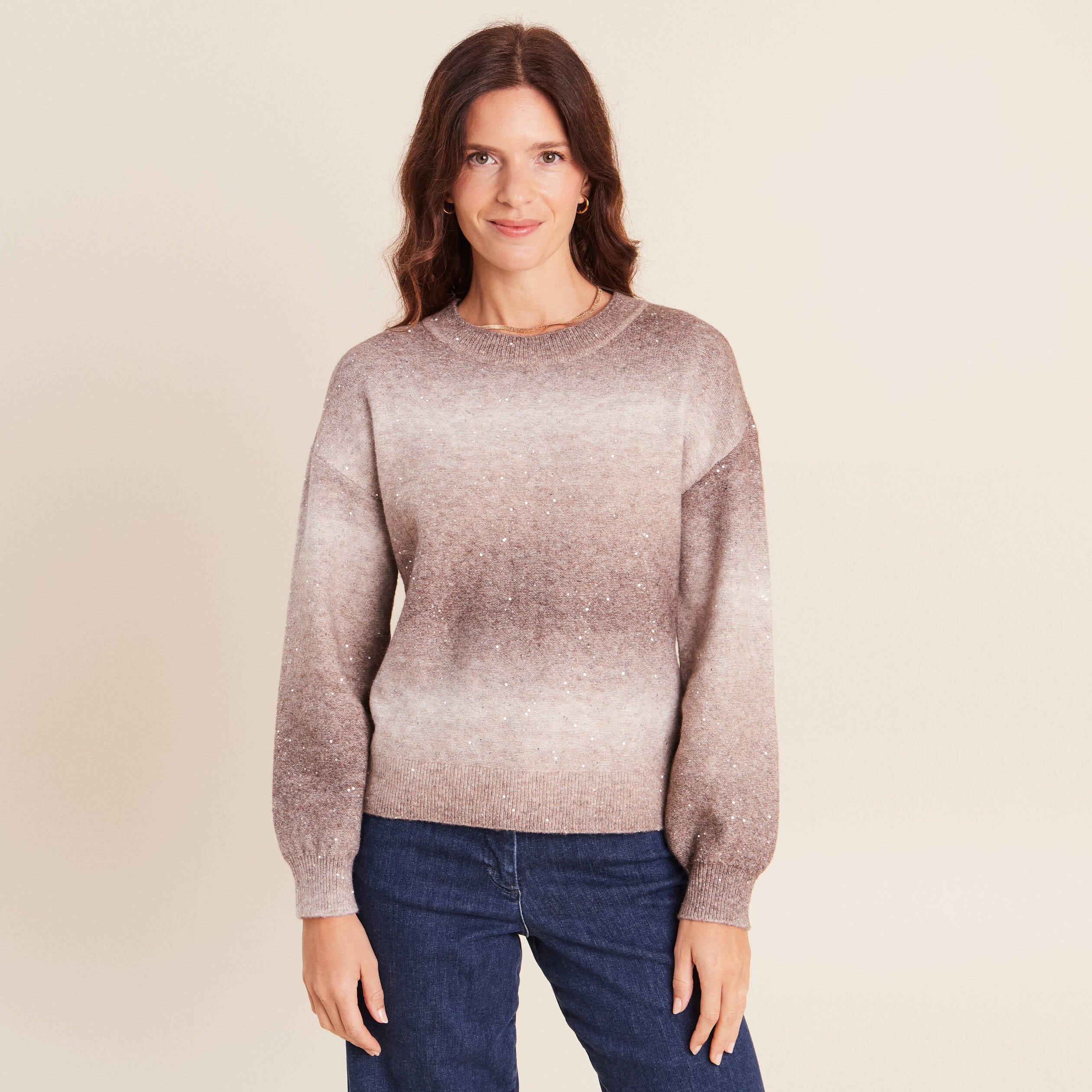 Pull col rond &agrave; sequins taupe femme