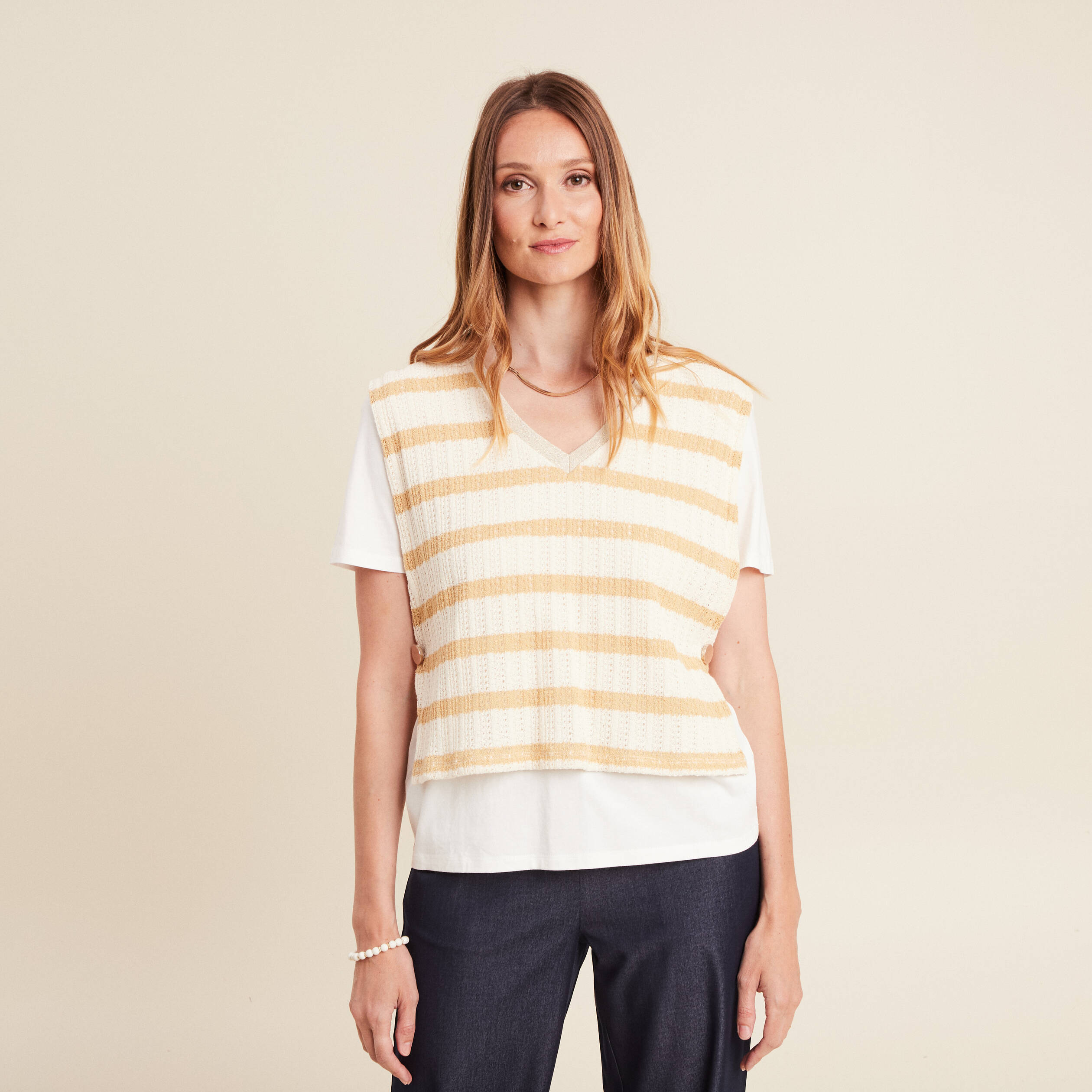 pull 2 en 1 manches courtes beige femme Pull 2 en 1 manches courtes beige femme