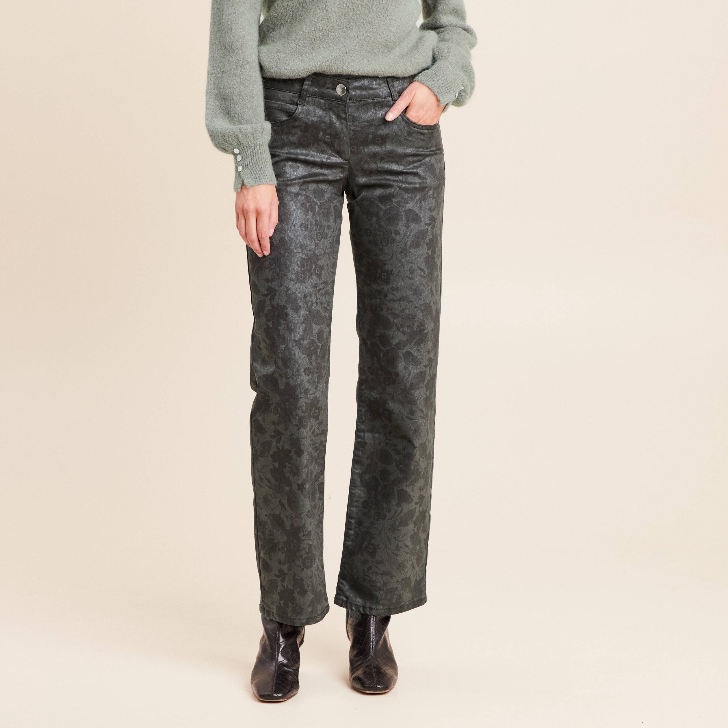 Pantalon taille bascul&eacute;e vert femme