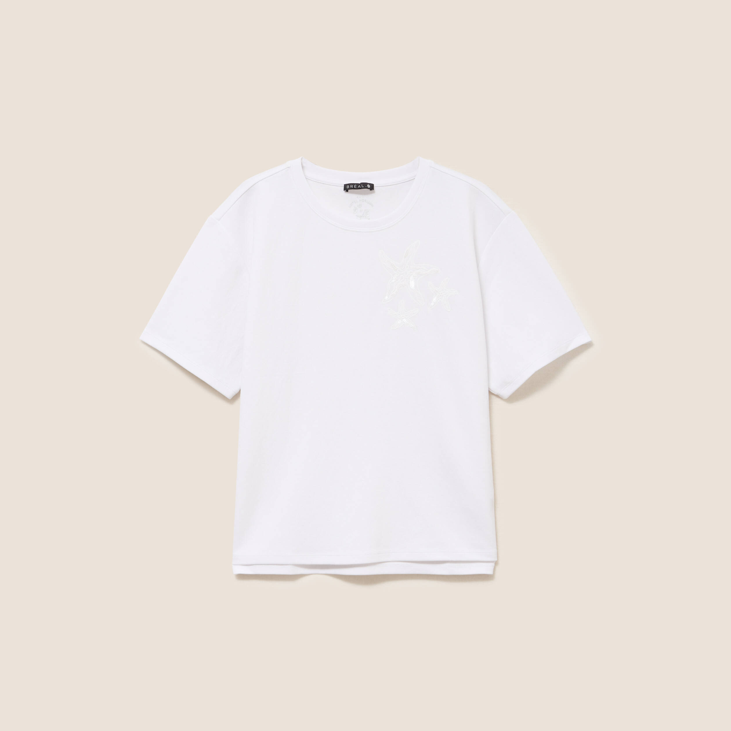 T-shirt col rond manches courtes sequins blanc femme