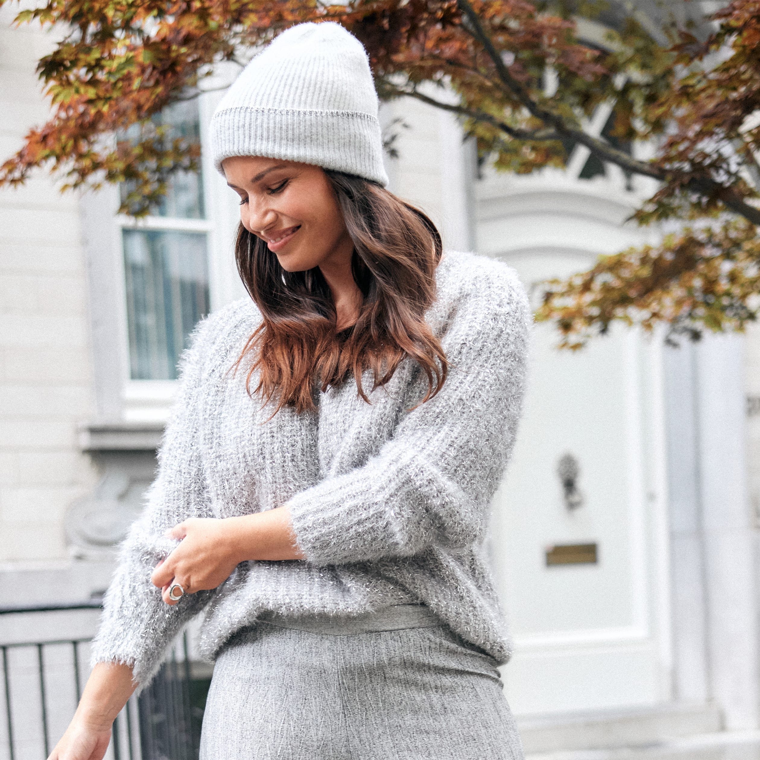Pull manches longues col en V gris argent femme