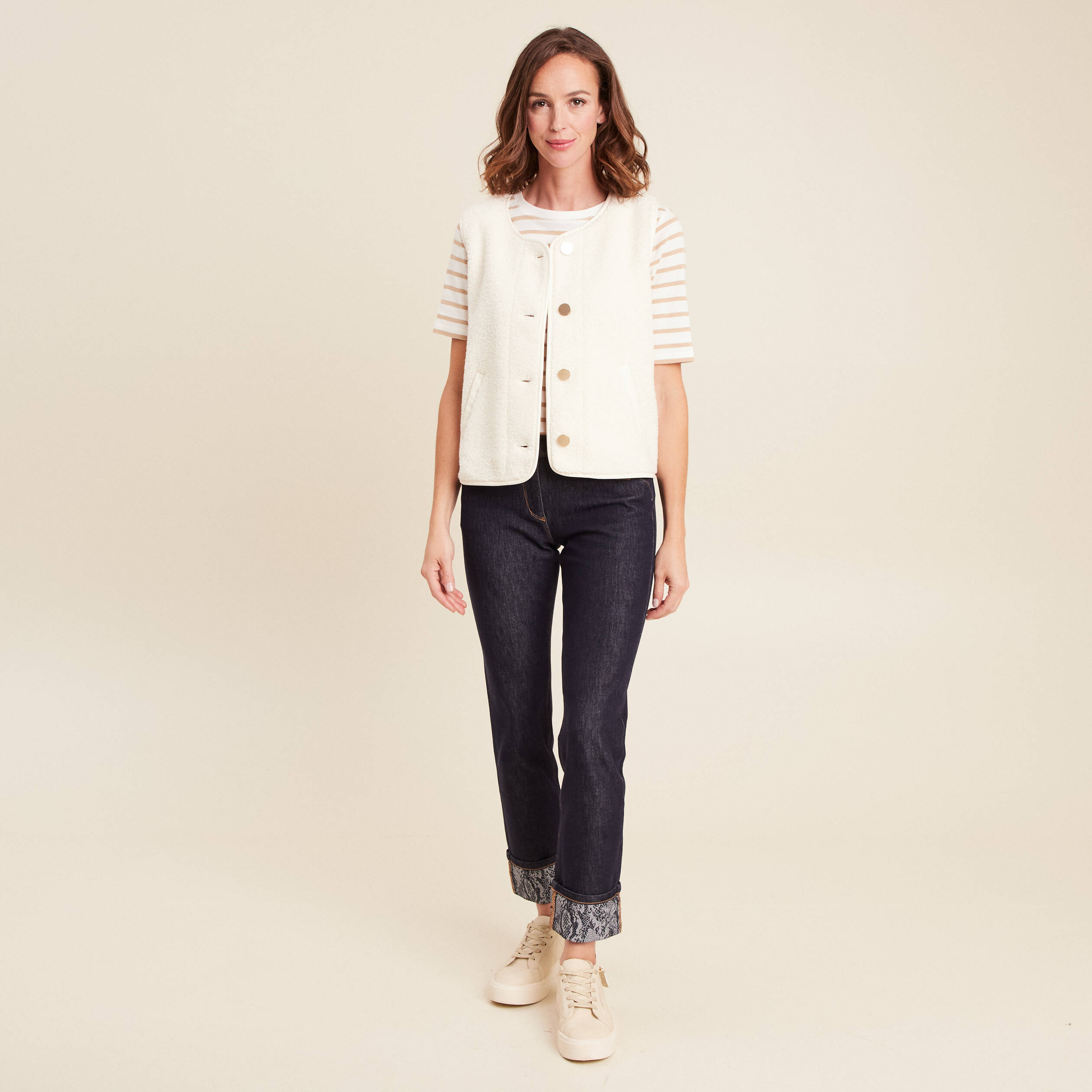 Gilet sans manches sans col ecru femme