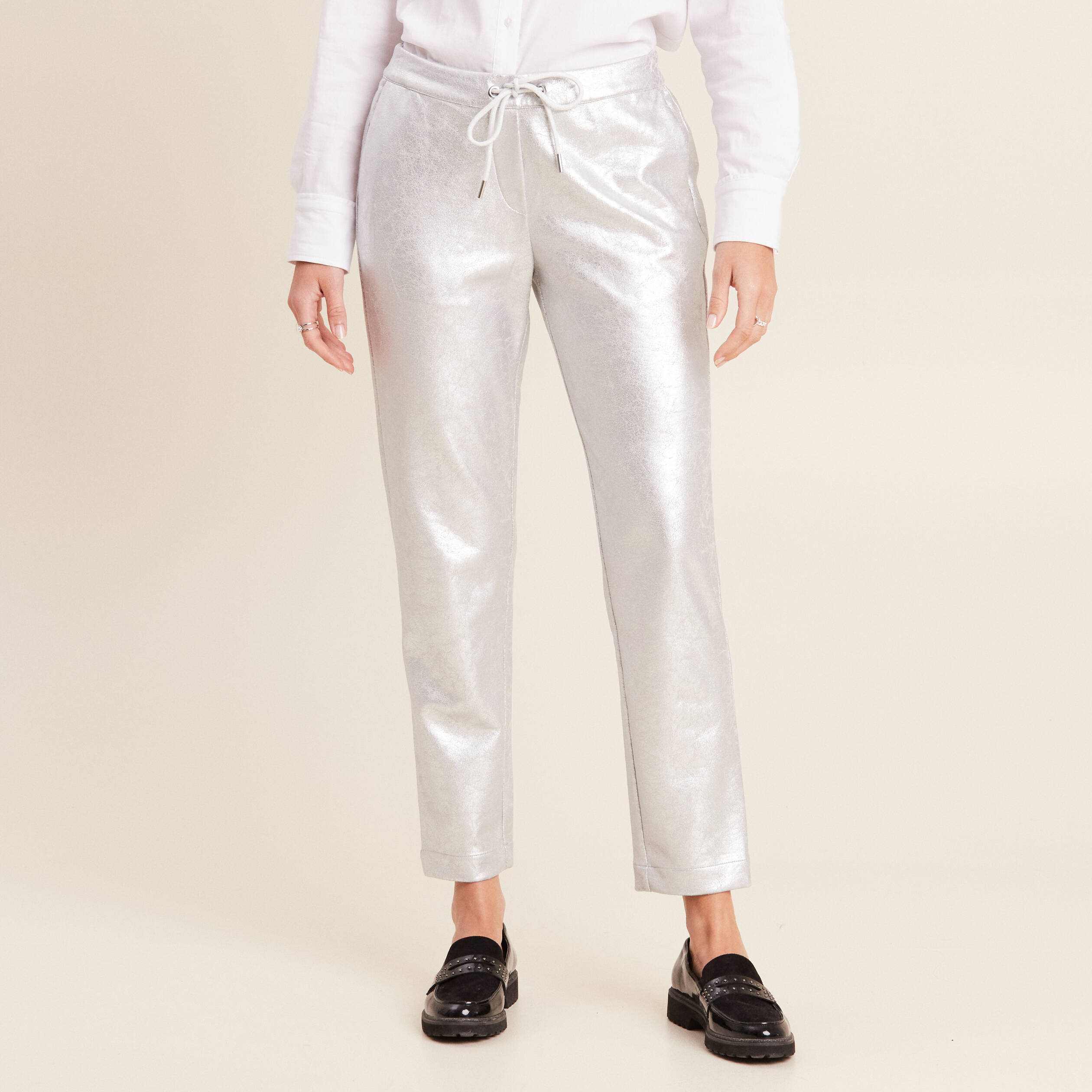 Pantalon jogging métallisé gris argent femme