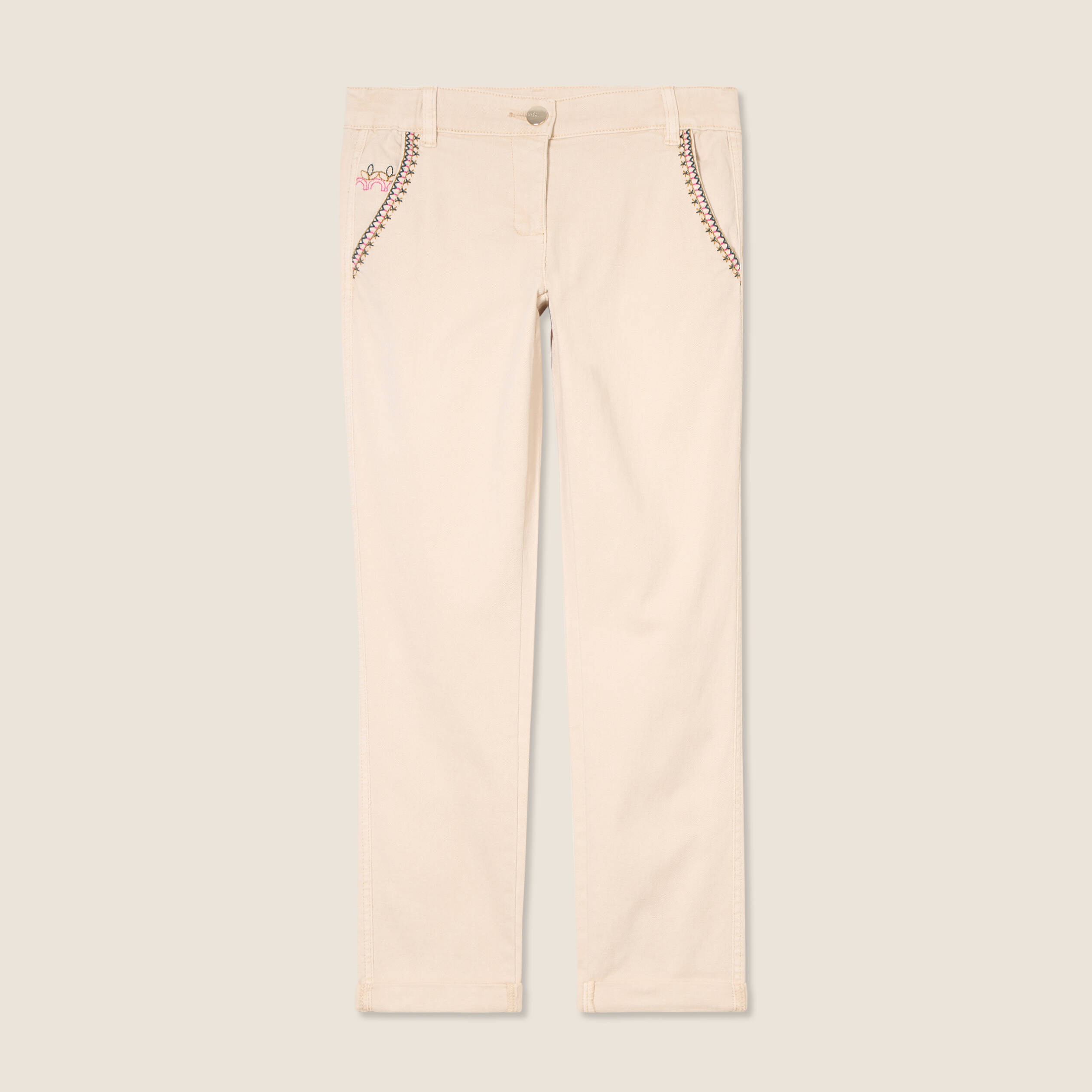 Pantalon chino brodé 7/8ème denim beige femme