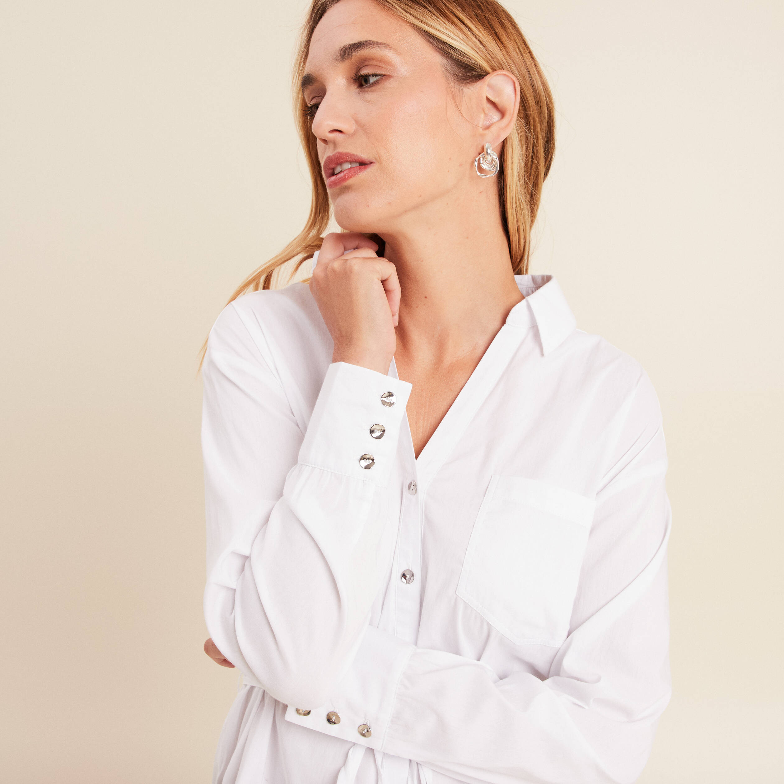 Tunique droite longue col chemise blanc femme