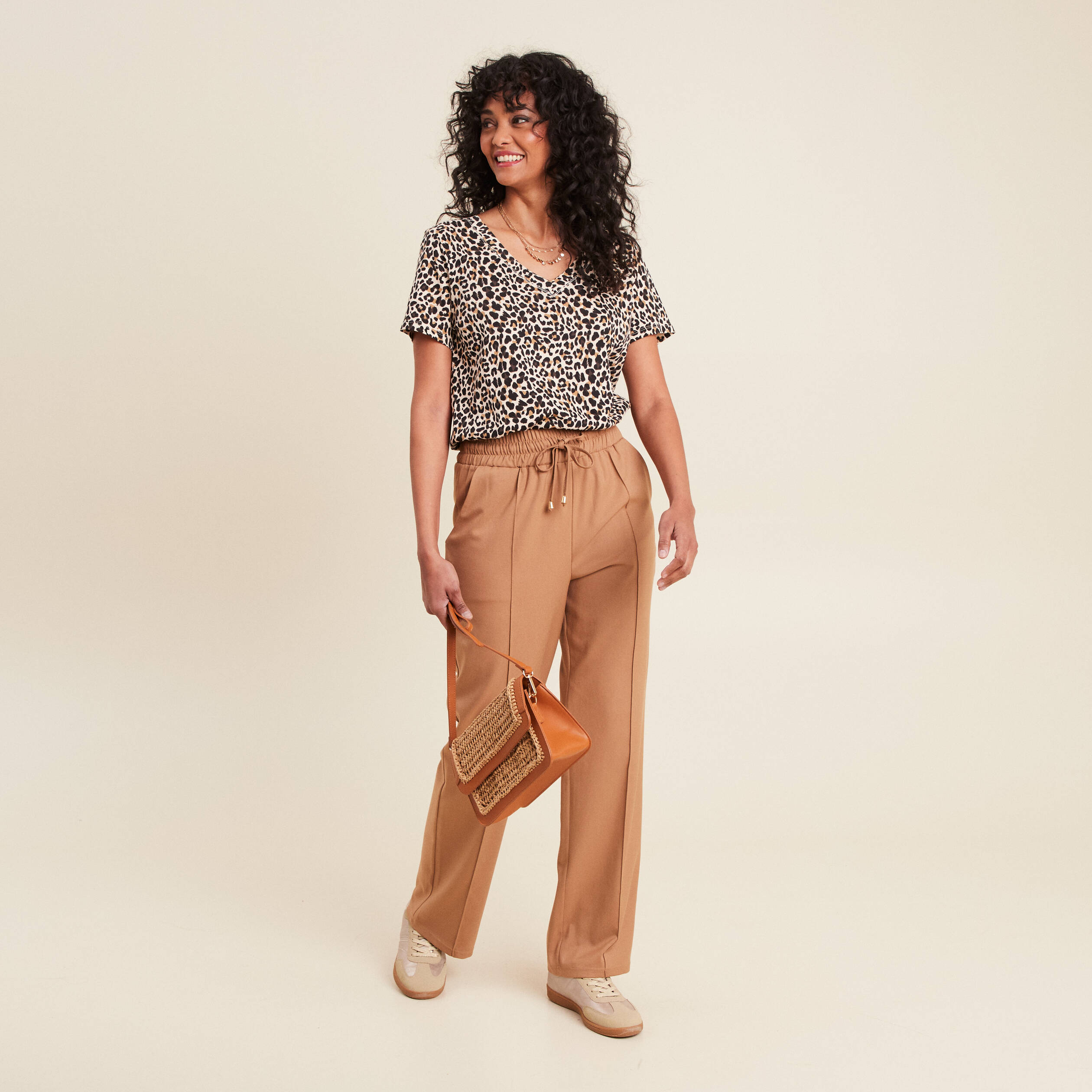 Pantalon droit taille haute camel femme