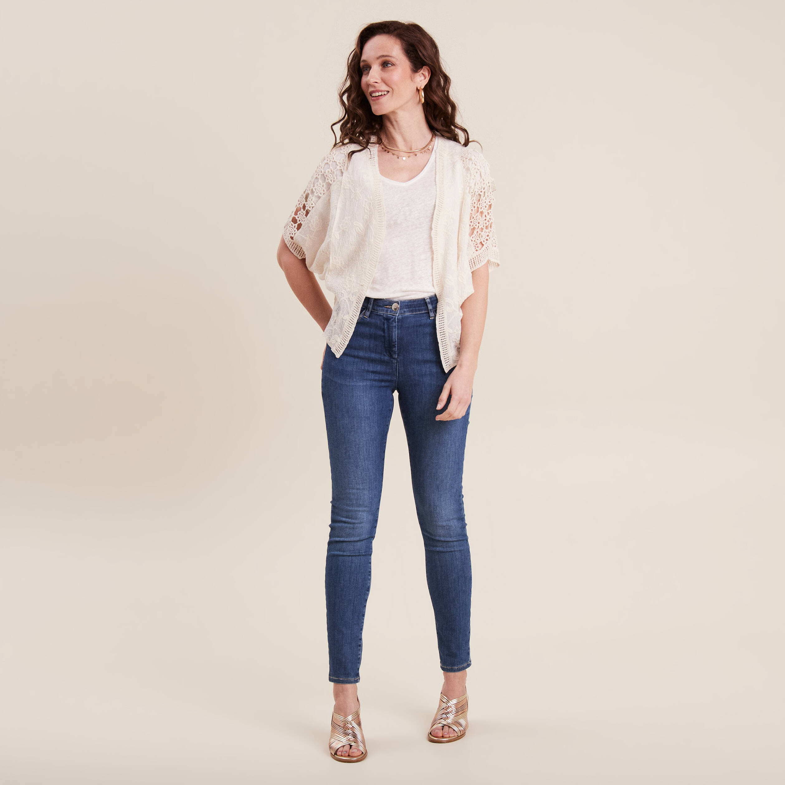 Gilet manches courtes dentelle ivoire femme