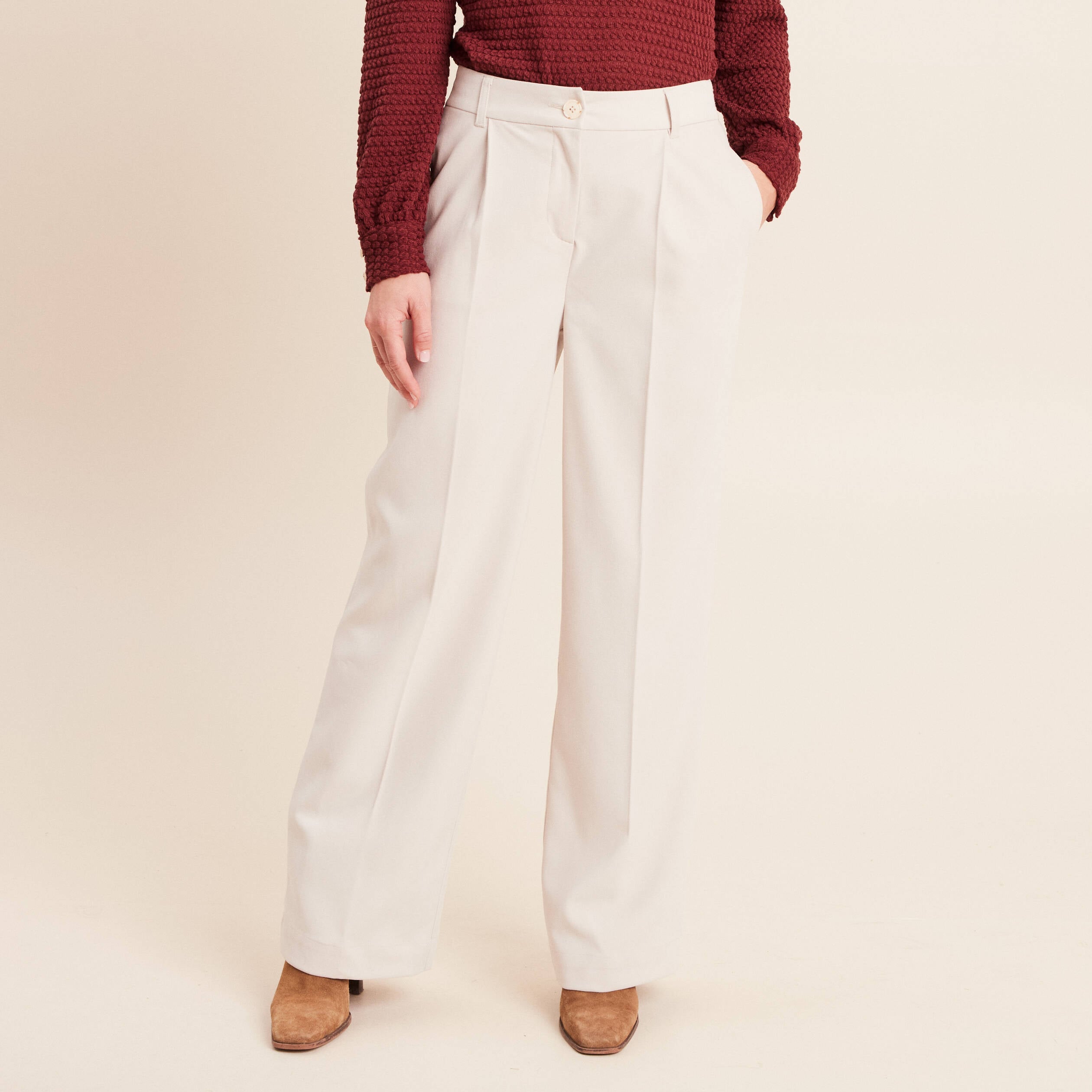 Pantalon taille haute en velours sable femme