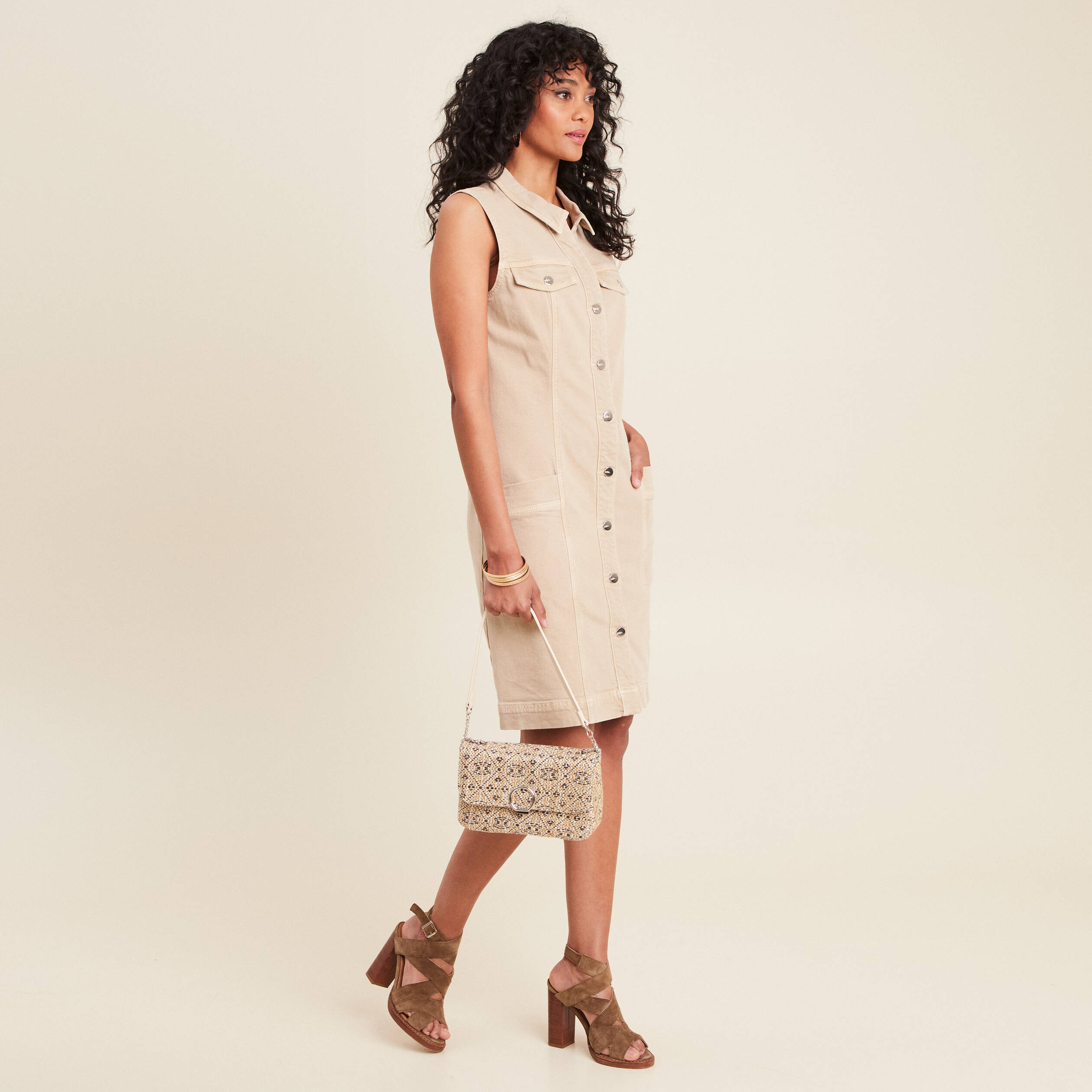 Robe droite en jean denim beige femme