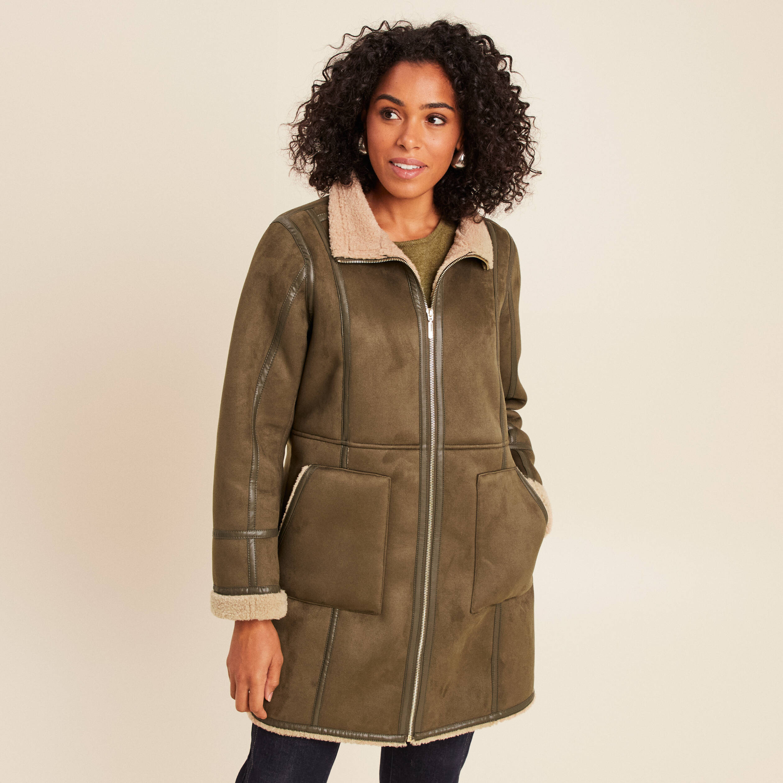 Manteau cintr&eacute; mi-long vert kaki femme