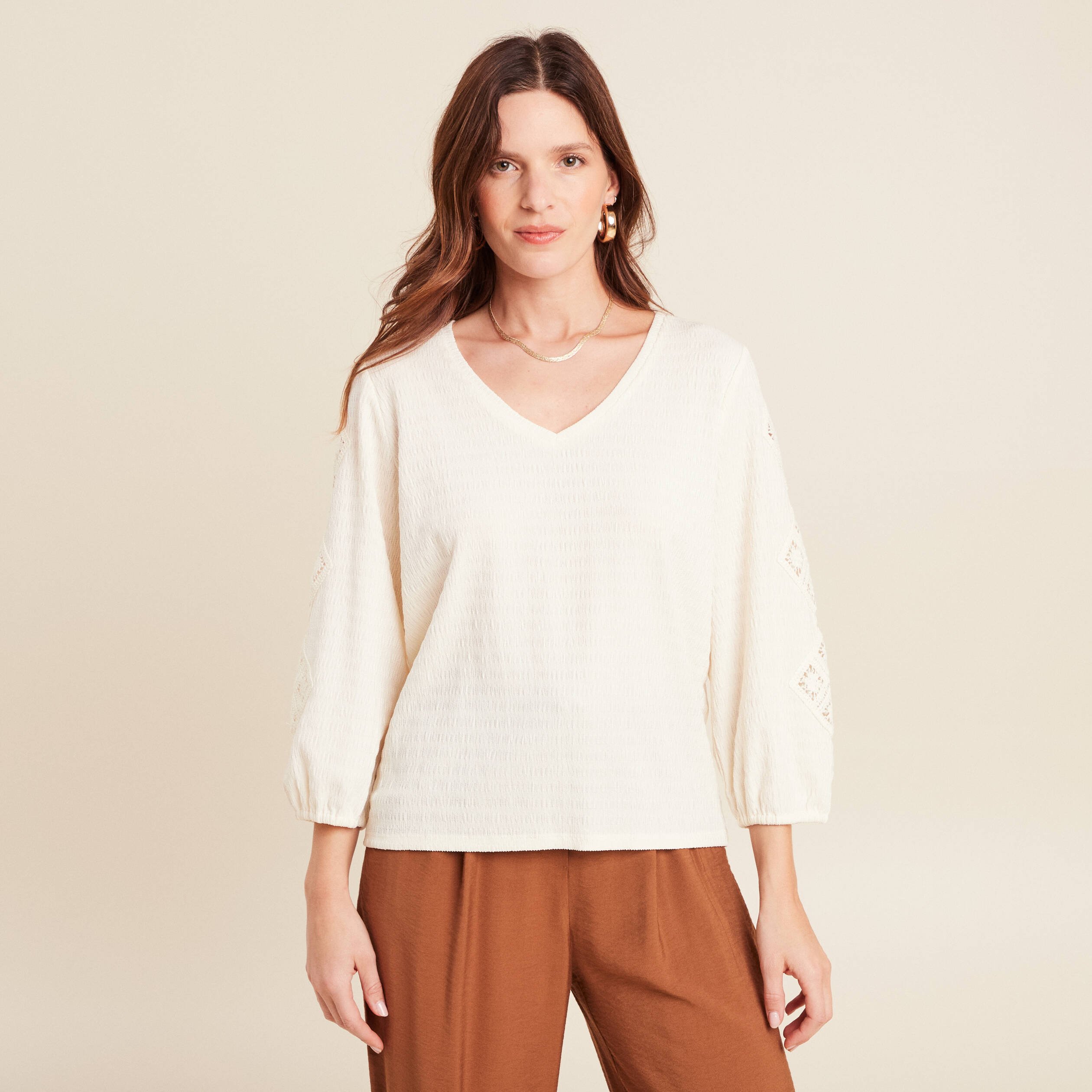 blouse macrame col v manches 34 ecru femme blouse macramé col V manches 3/4 ecru femme