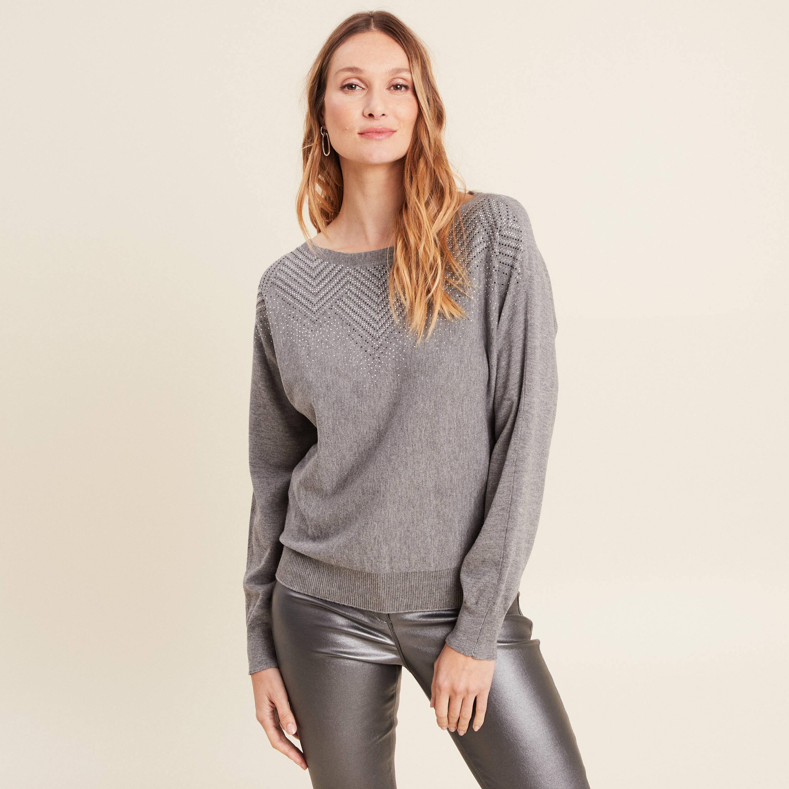 Pull manches longues strass gris clair femme