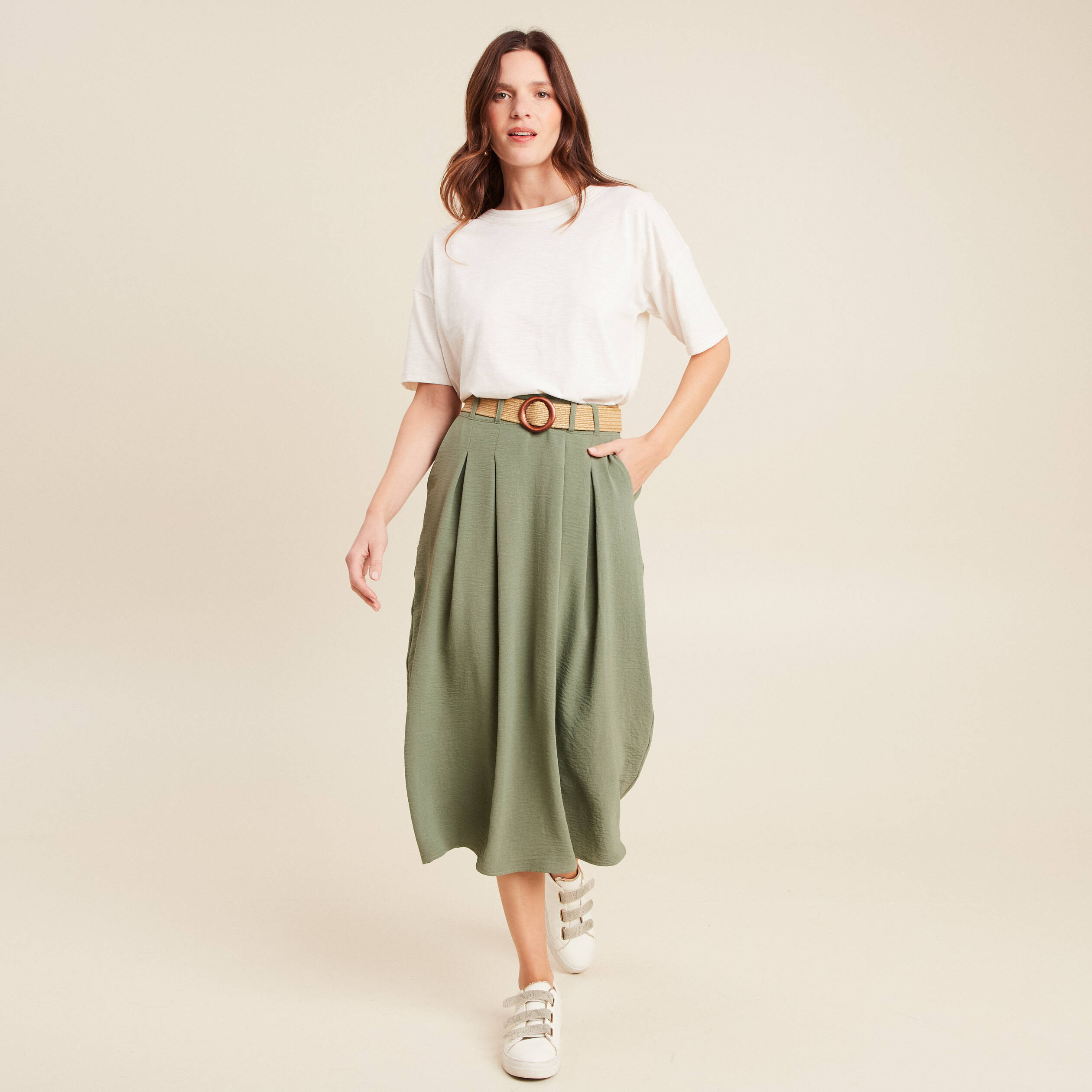jupe longue evasee ceinturee vert kaki femme Jupe longue évasée ceinturée vert kaki femme