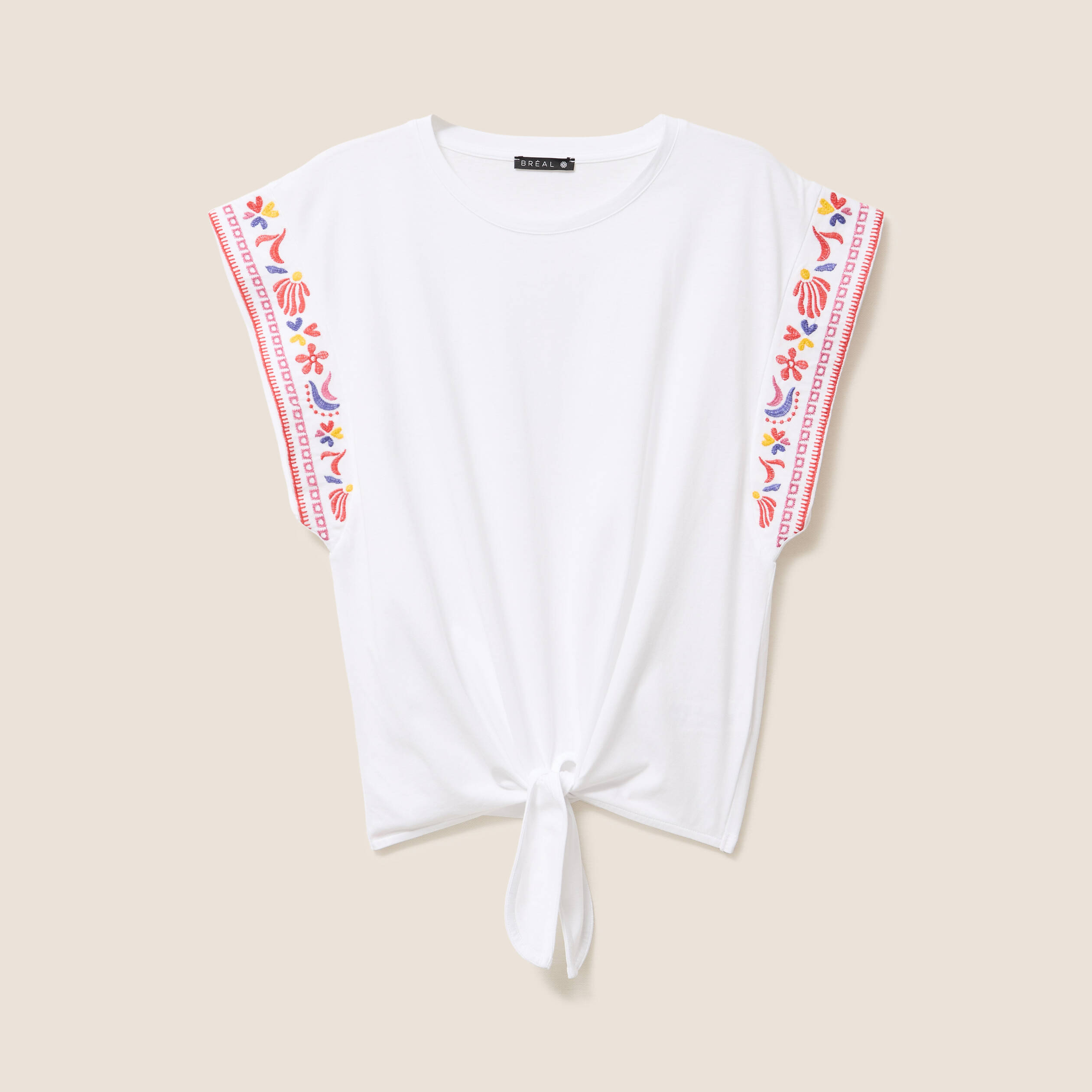 T-shirt broderie bas resserr&eacute; blanc femme