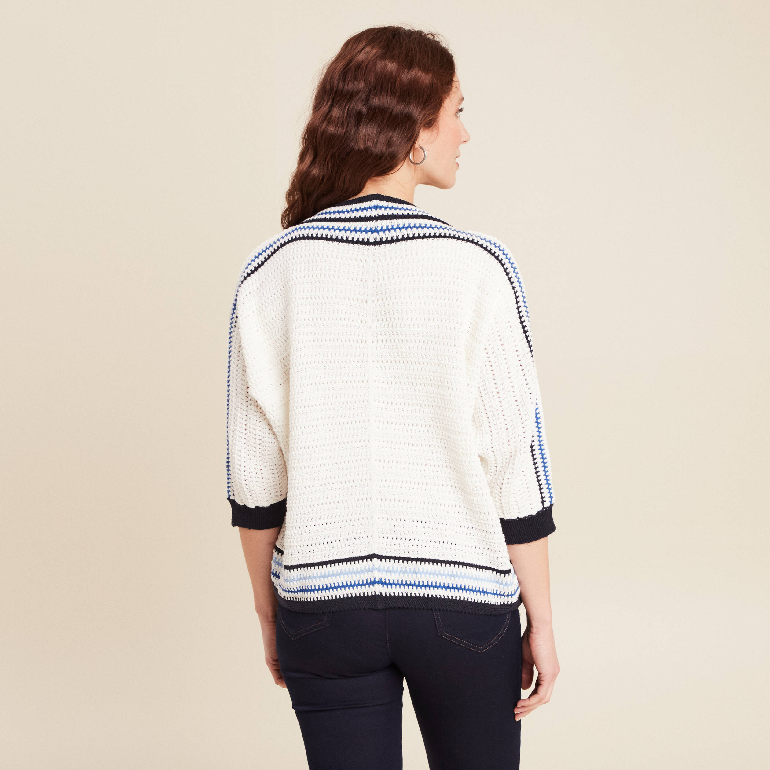 Gilet manches 3/4 ajouré ecru femme