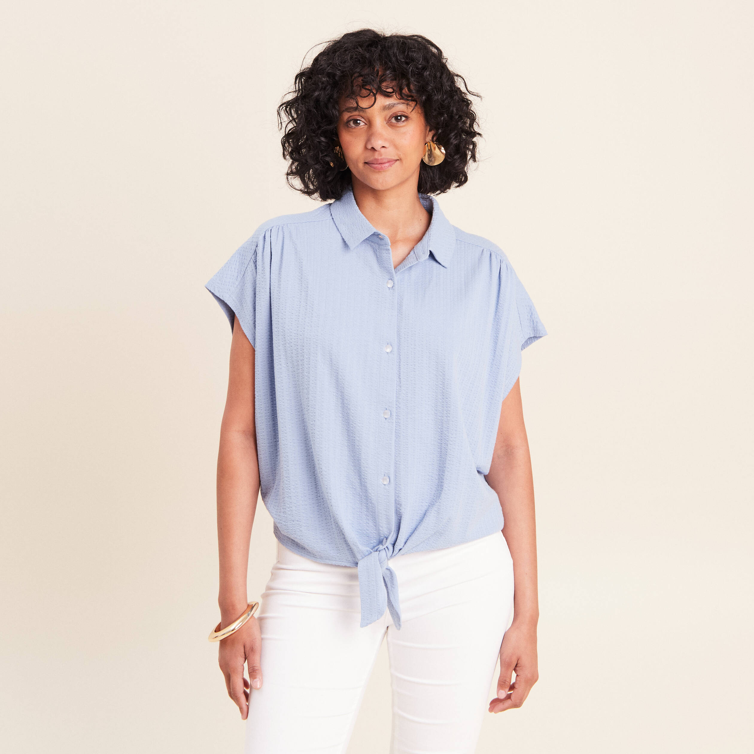 Blouse ample cropped col am&eacute;ricain bleu gris femme