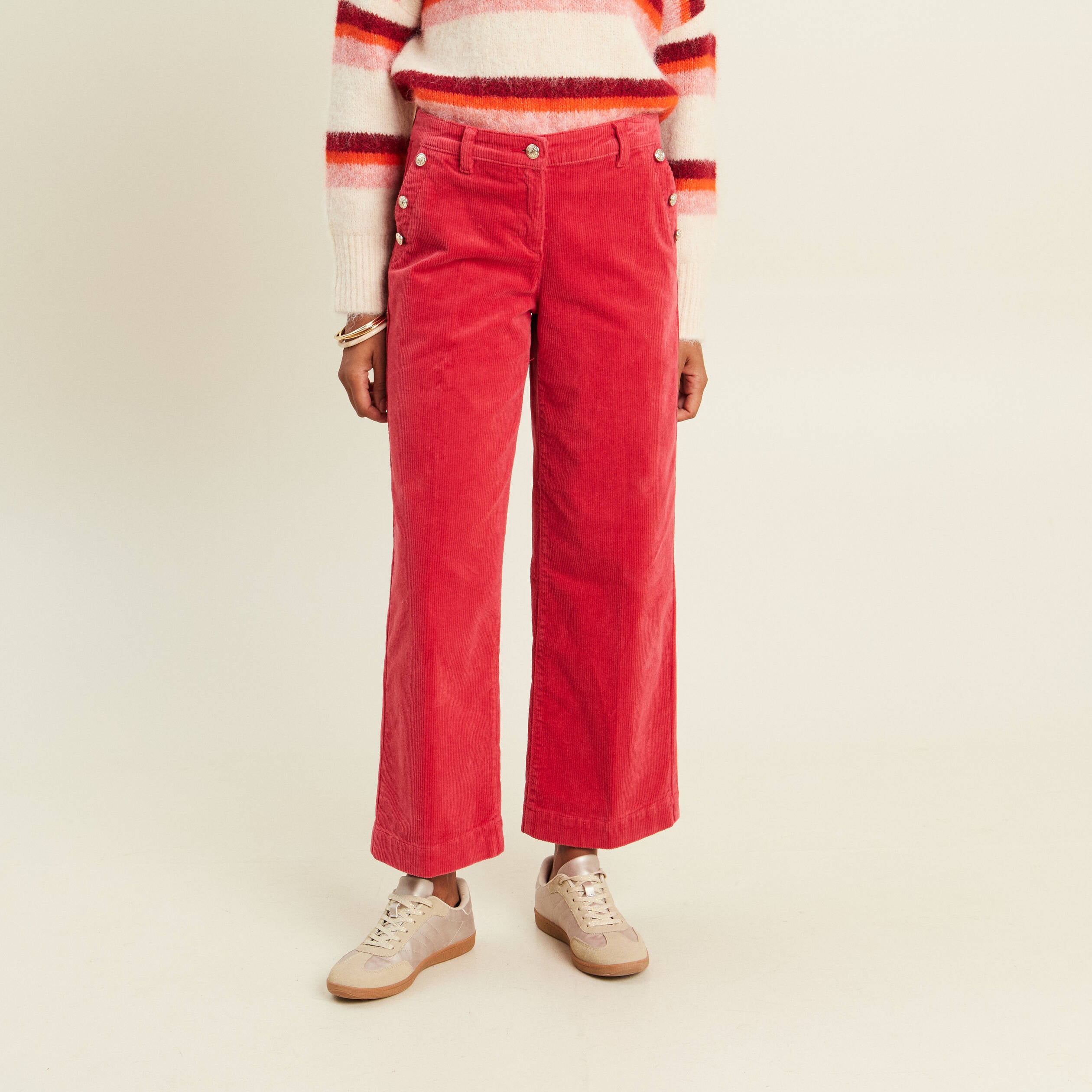 Pantalon large velours c&ocirc;tel&eacute; rouge femme