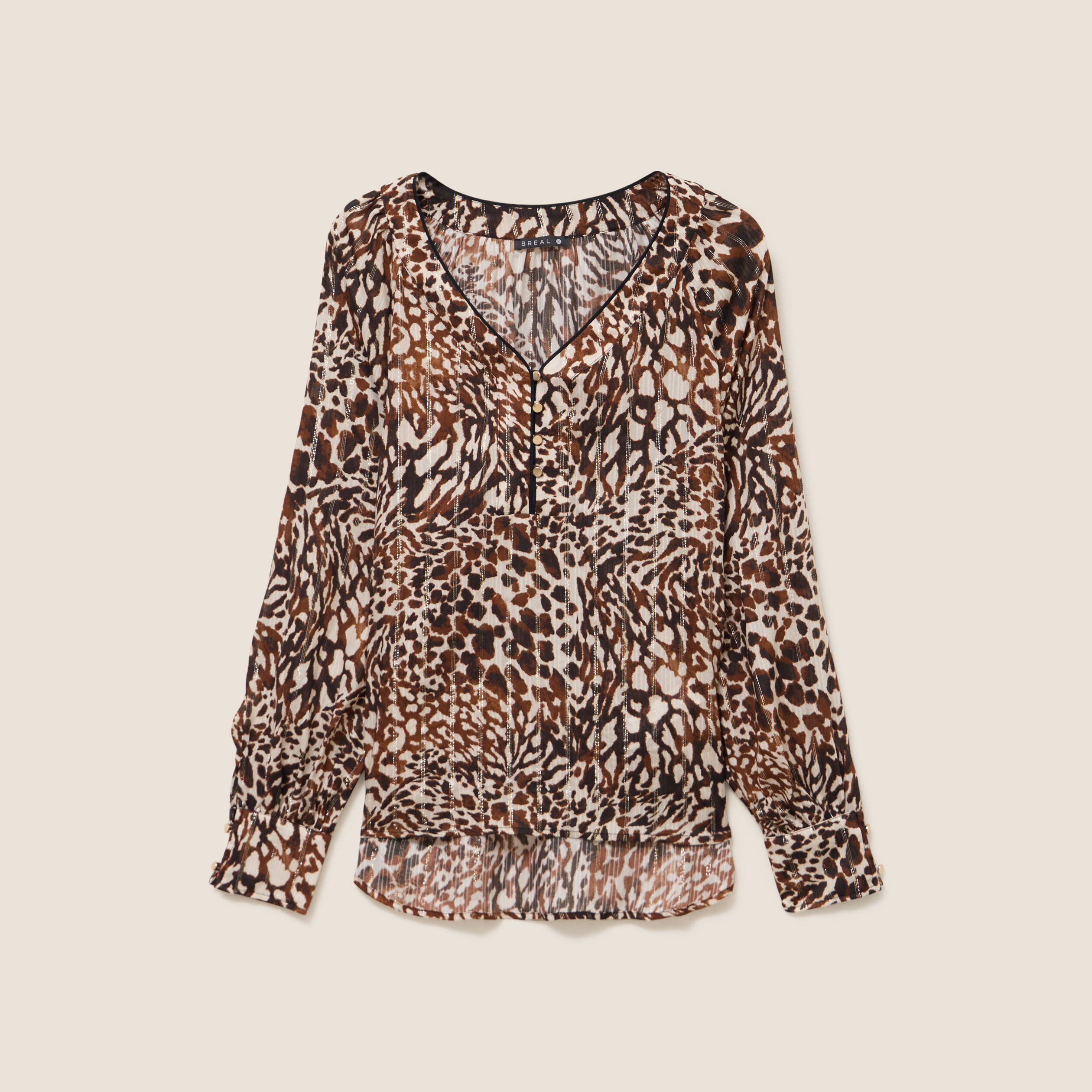 Blouse col v en voile manches longues marron femme Bréal