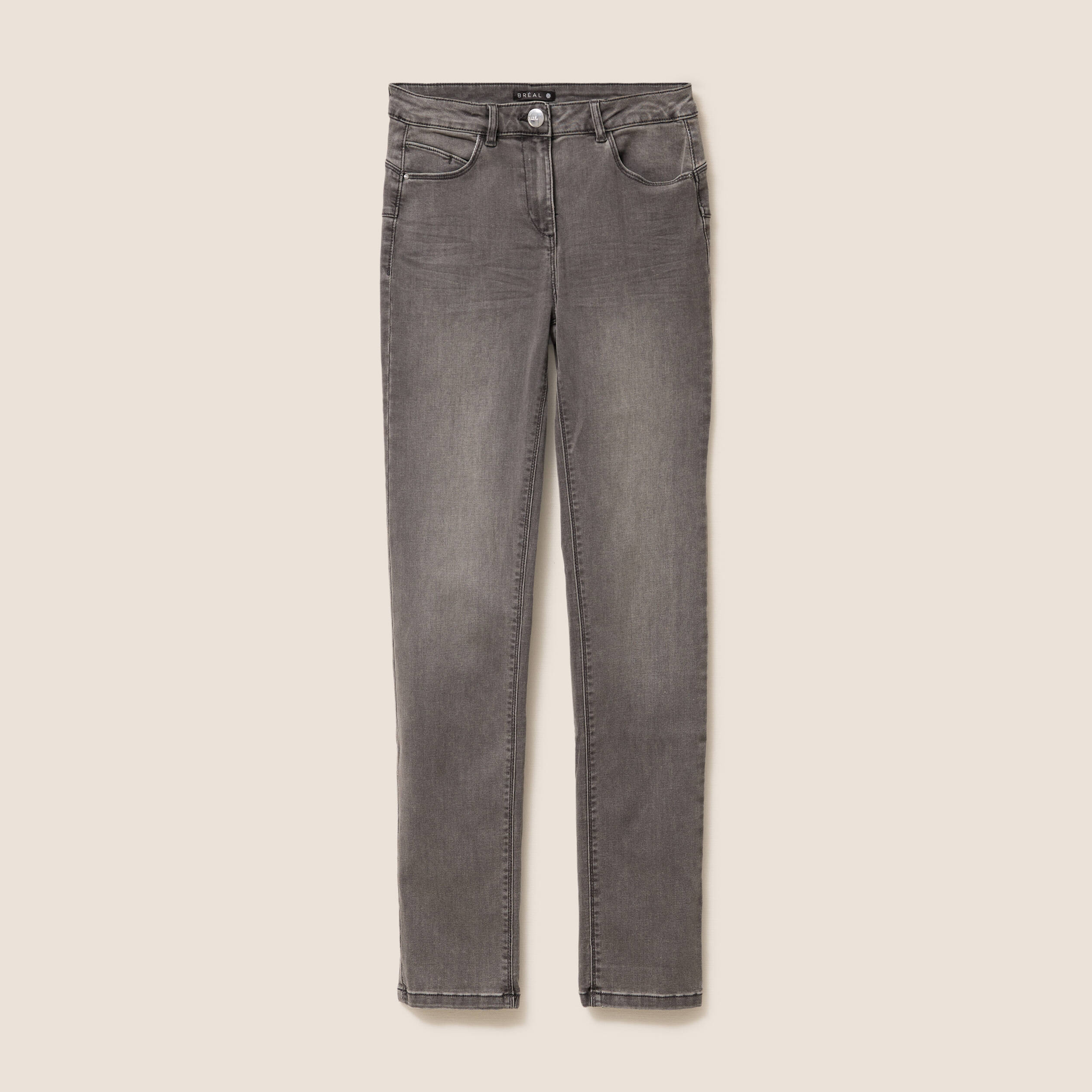 Jean coupe ajust&eacute;e long gris femme