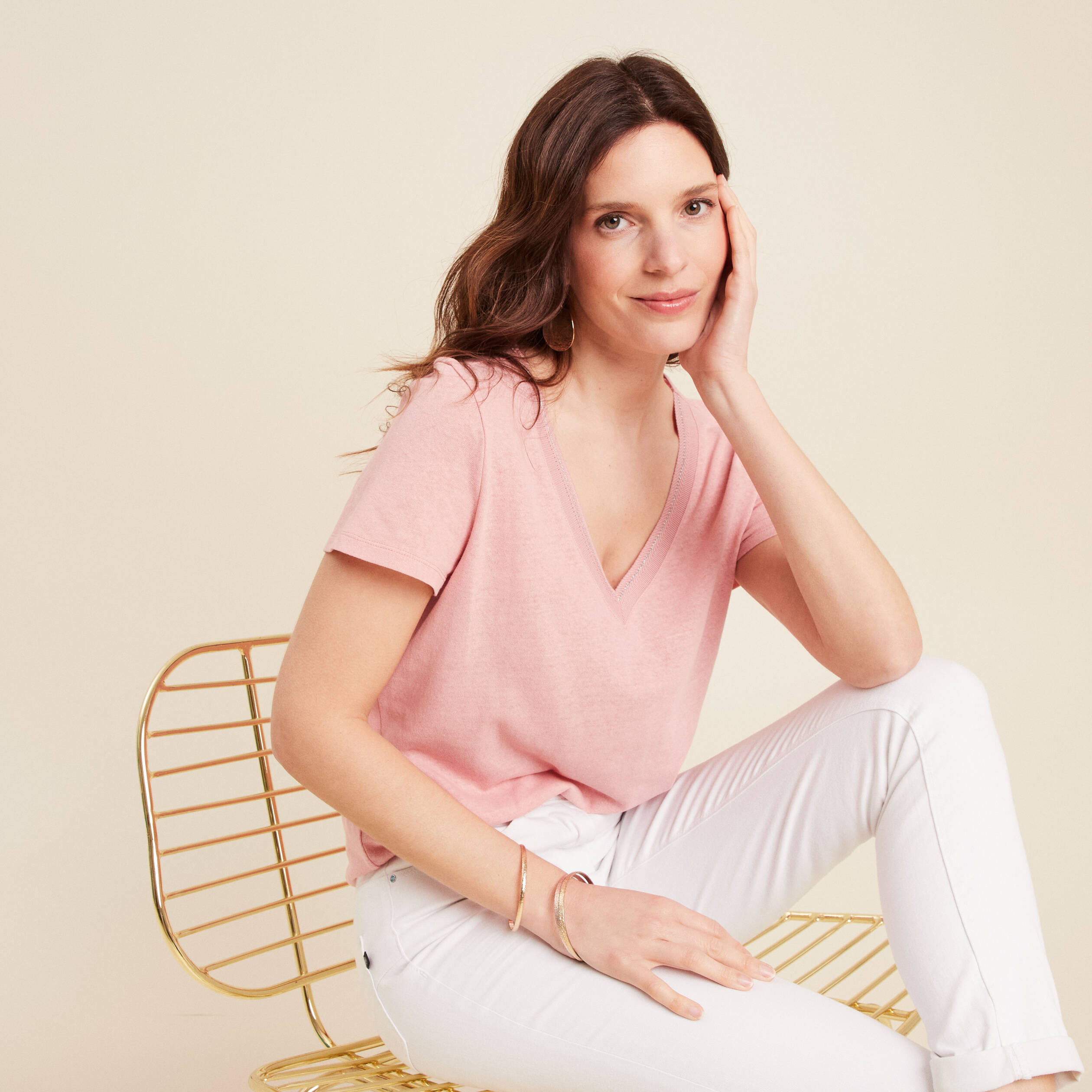 T-shirt manches courtes col en V vieux rose femme