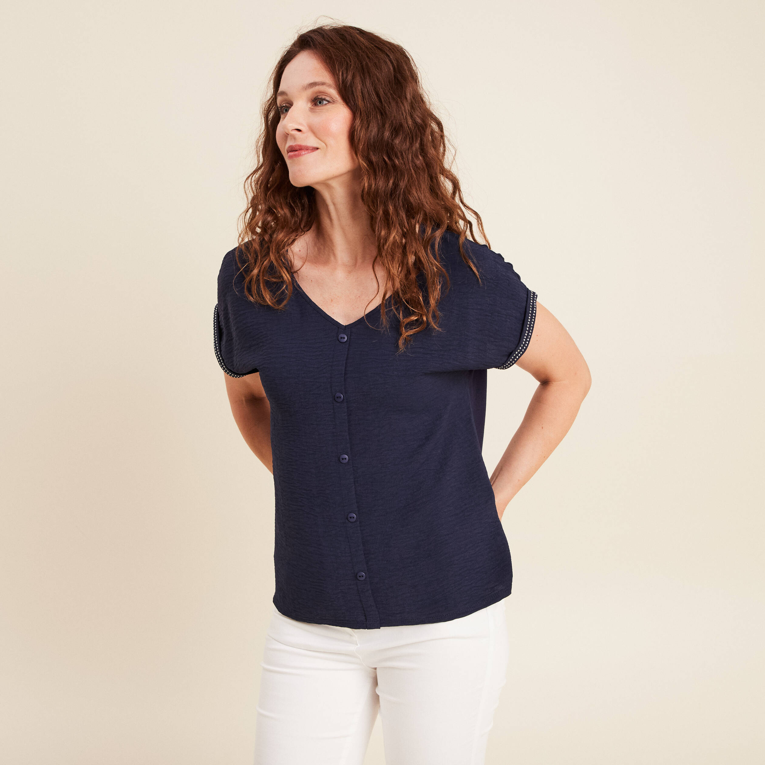 T-shirt BCG Femme XL – Bleu Actif, Col V, Manches Courtes – Sport, Marche, Stretch