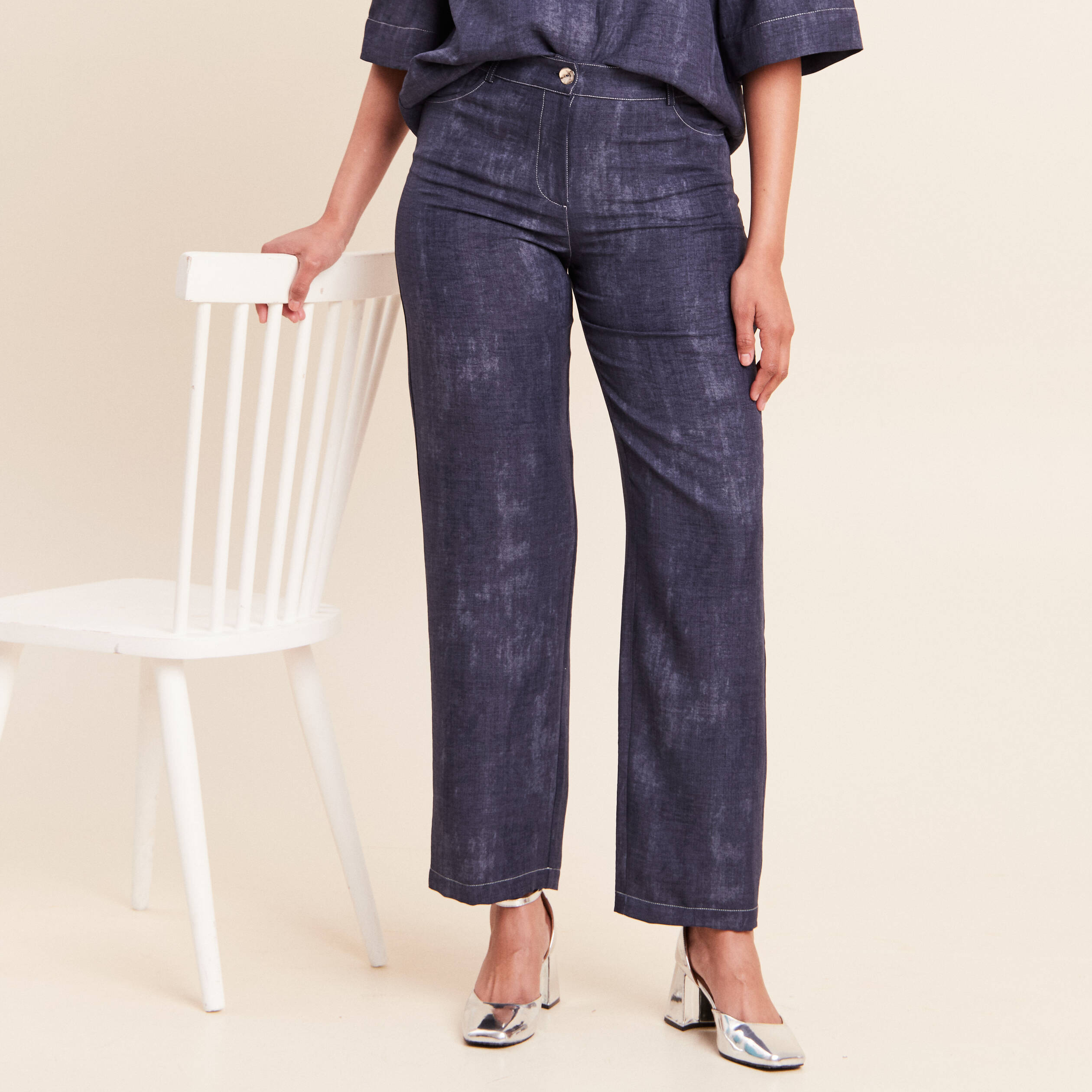 Jean large taille haute 5 poches bleu femme