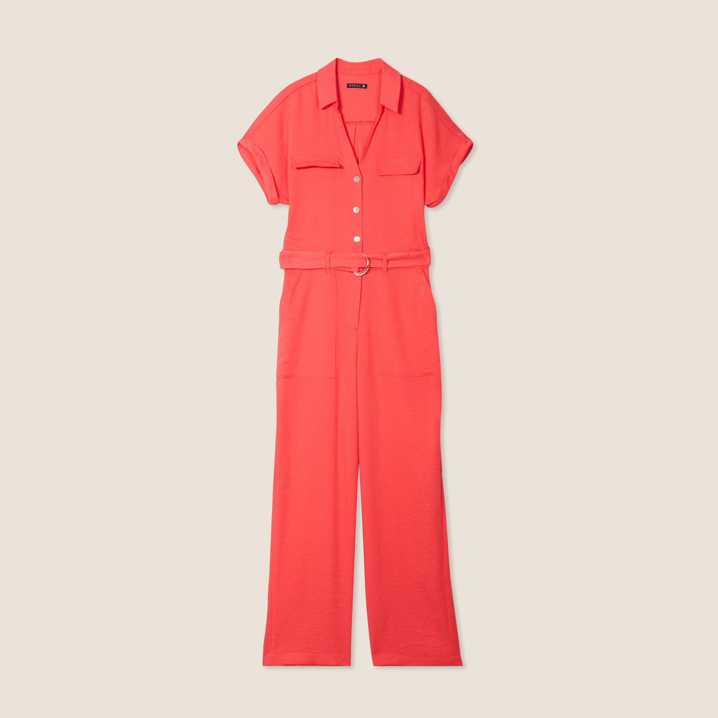 Combinaison fluide boutonn&eacute;e rouge corail femme