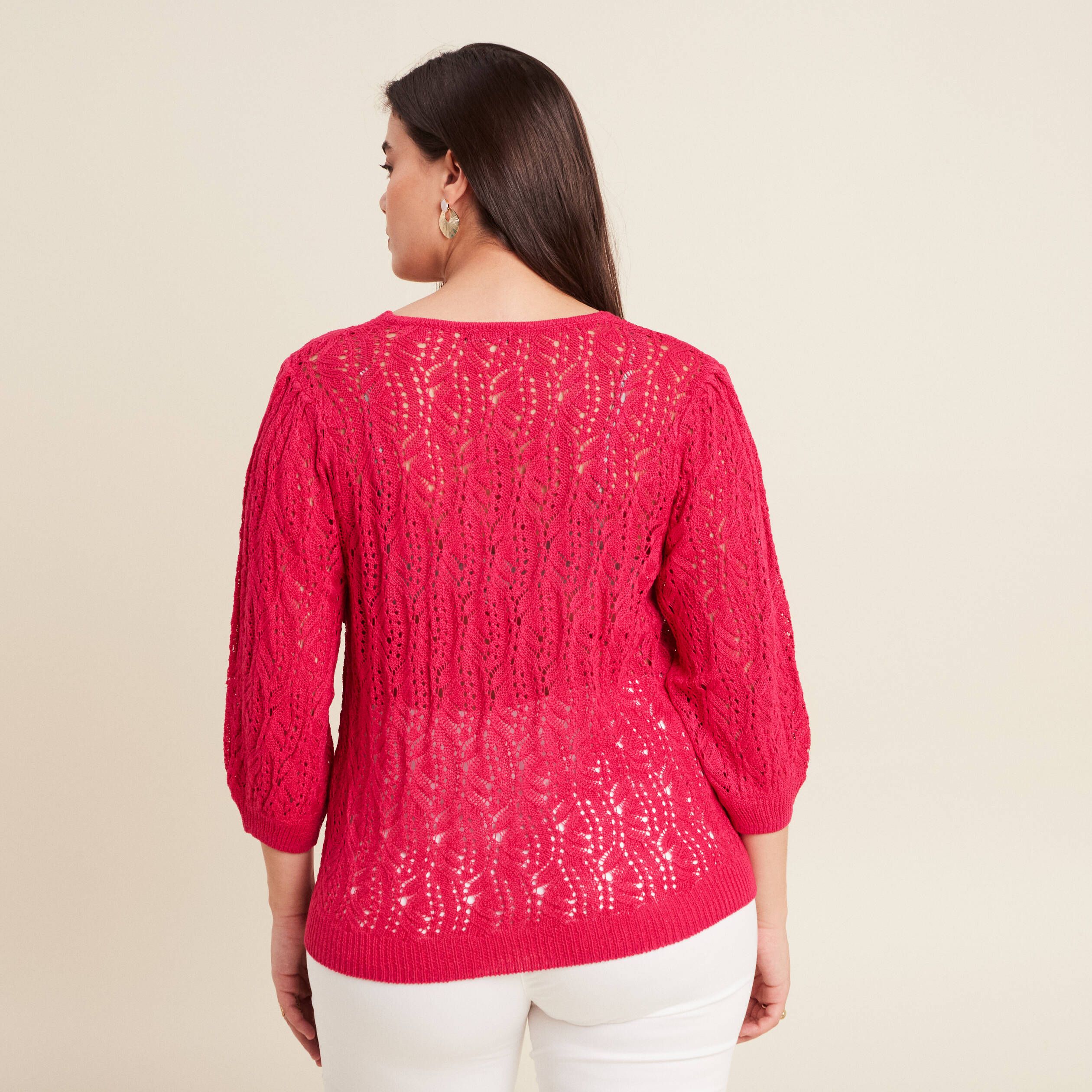 Pull manches 3/4 ajouré rose fushia femme