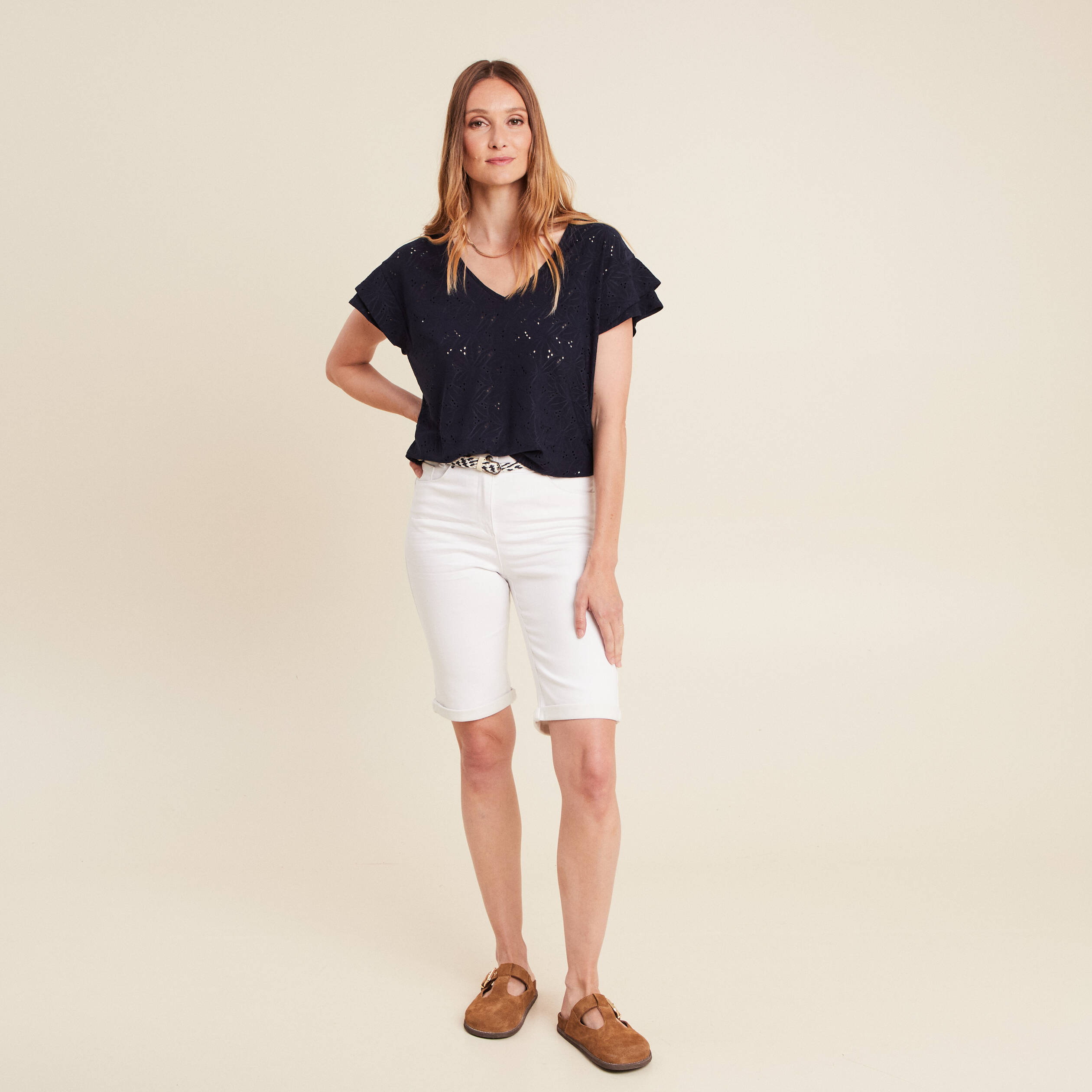 T-shirt cintré col V bleu foncé femme