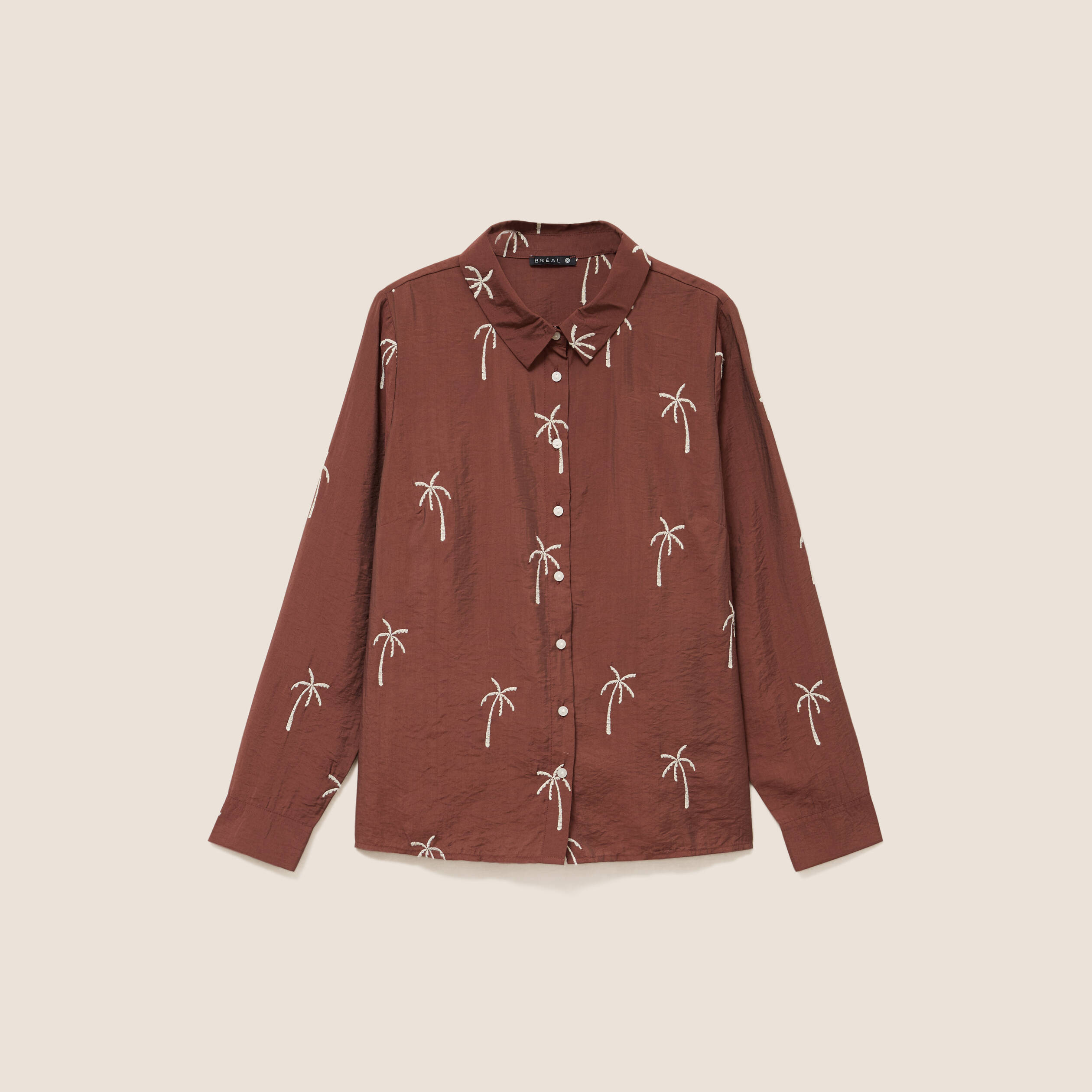 Chemise fluide brod&eacute;e manches longues marron femme